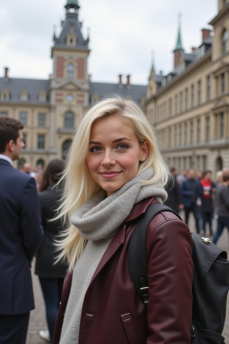 Blonde, acting as private tourguide in The Hague, showing the Binnenhof.  