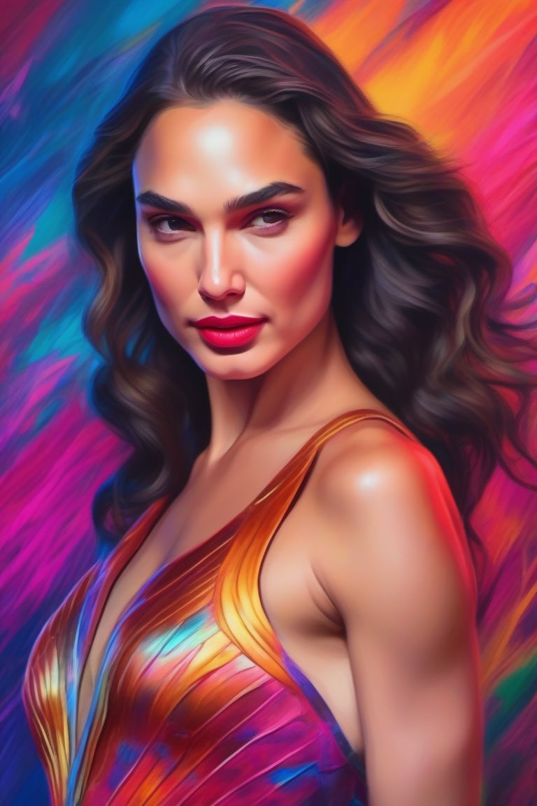 an artist paints a colorful face of Gal Gadot, in the style of vivid dreamscapes, neon art nouveau, photorealistic compositions, body extensions, ethereal illustrations, bold, vibrant colors, realistic color palette