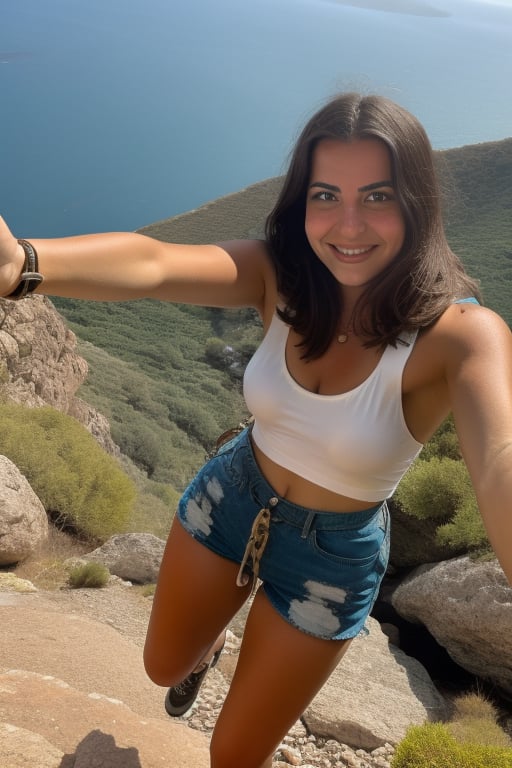 Greek girl is mountainclimbing and about to abseiling, just before going, she a full-body selfie: God's-eye-view, shorts, tank top, 