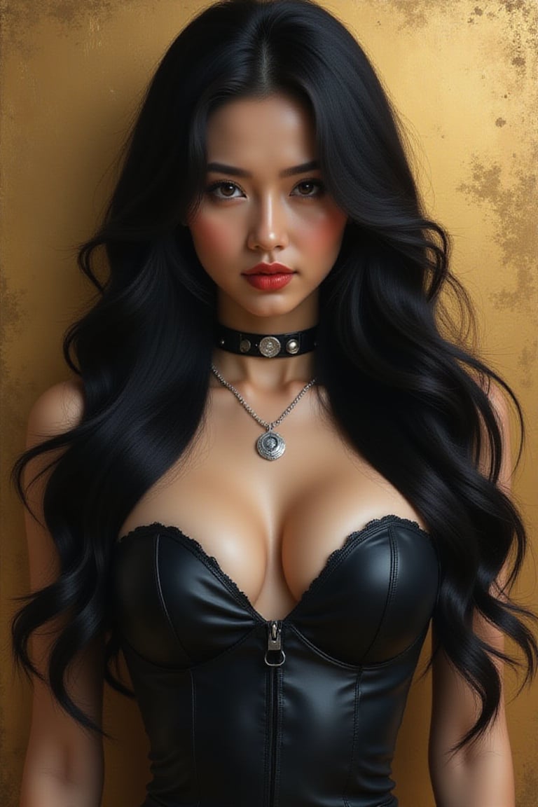 a woman with long black hair in a gold painting, in the style of charlie bowater, dark blue and dark black, michael garmash, comic art, realistic color palette, dark black and beige, soft-focused realism --ar 24:37 --stylize 750 --v 6