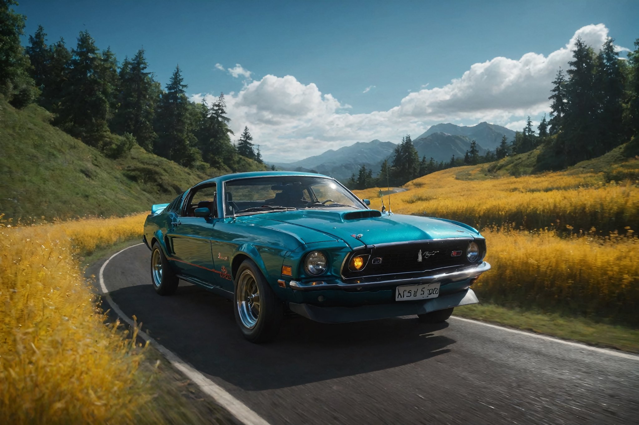 (((best quality, masterpiece))), high fantasy, c0raline_style,  (stop motion),  colorful, cinematic, 1978 ford mustang, driving, no humans, cherry black, from side, (cinematic), stylish, focus, dreamy, extremely detailed and dynamic, (hyperrealistic, photoreal), cg unity wallpaper, high contrast, uhdr, full angle view, bloom,  dynamic lighting, volumetric, deep depth of field:1.3), bokeh, expressive, intricate design, floating particles, dark, field, outdoors, road, nature, sky, grass, more detail XL,madgod,Movie Still,Aqua(/Konosuba)/,N1njaScroll