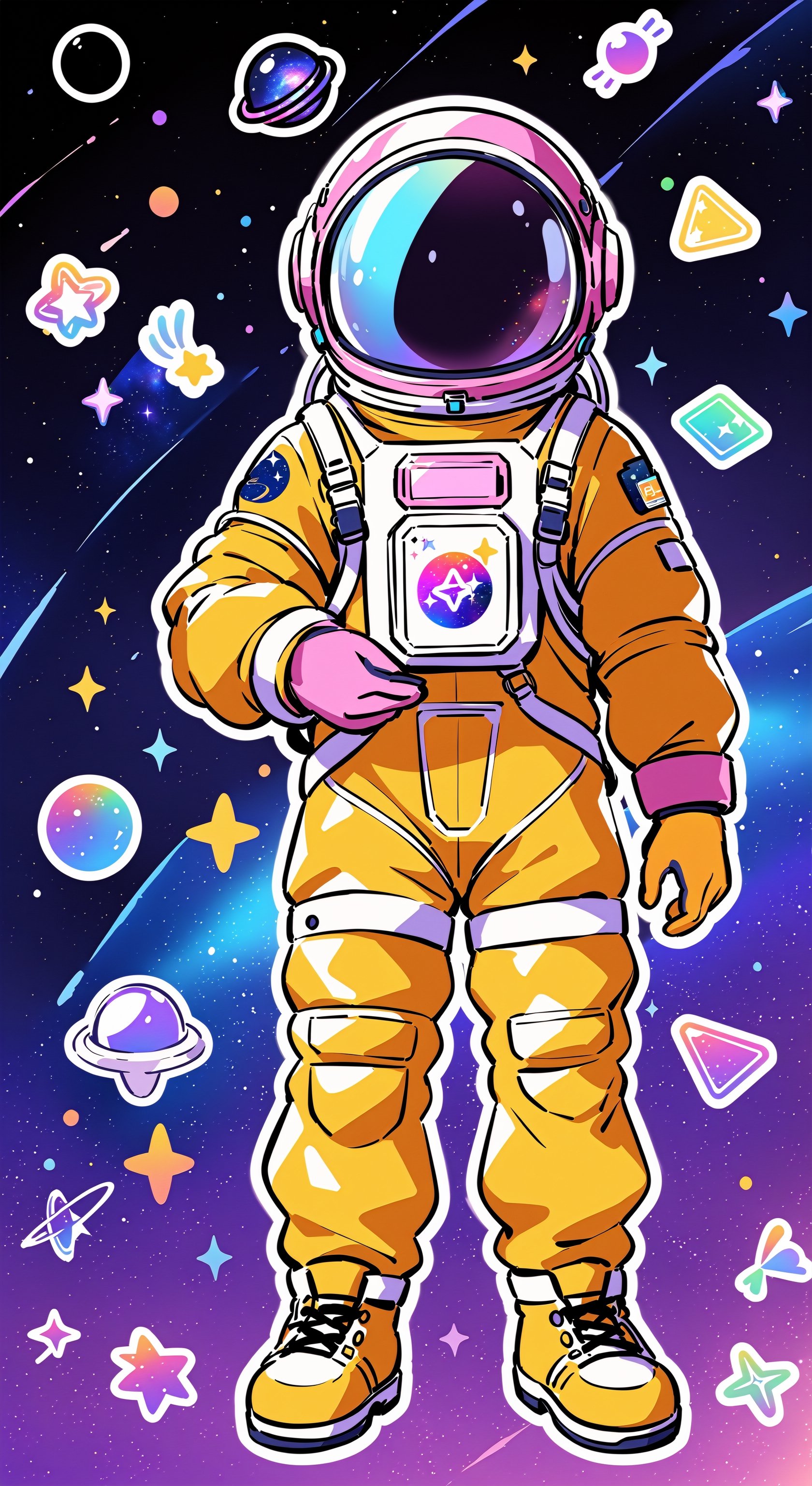 Masterpiece, top quality,1girl, gloves, (gacha),final_fantasy,shoes, gloves, card_(medium),outline, smug, smile, see-through, transparent, intricate details, gradients, multicolored theme, science fiction, spacesuit, space helmet, visor, galaxy print,fading,sticker,sugar_rune,sketch,glitter,ColorART