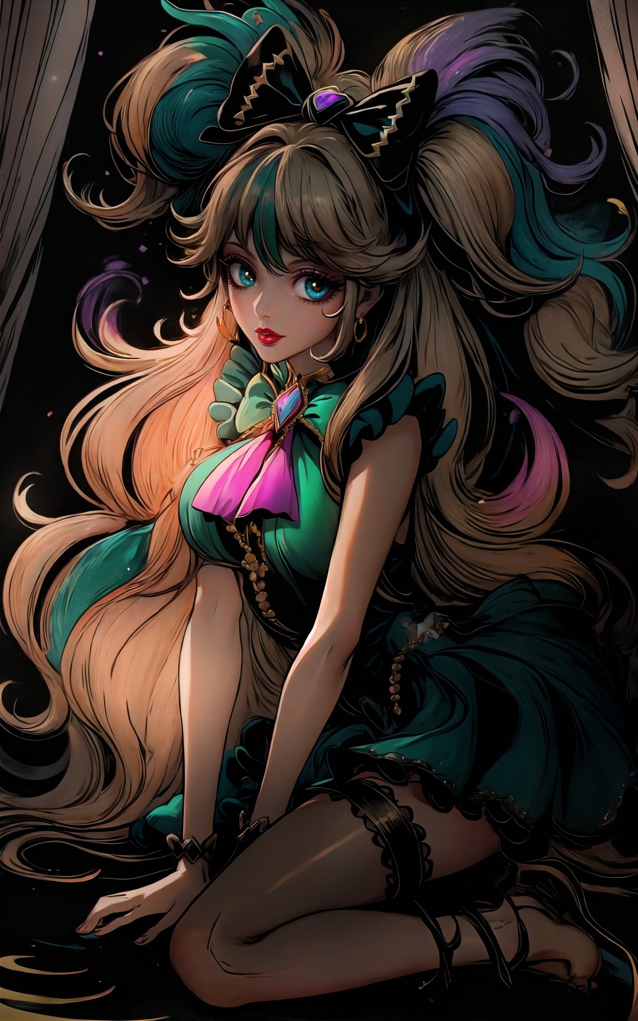 (Masterpiece, Best Quality:1.3), insaneres, (8k resolution), (centered), digital illustration, (outline, thick lineart), glowing, hair bow, full angle view, bloom, shadow, (faux traditional media:1.3), long bangs, (detailed eyes, perfect face), jewelry, beaded curtain, colorful,  sidelocks, looking at viewer, large breasts, ascot, (multicolored theme:1.2), frilled collar, sigle braid, skirt set, knee-high stockings, giggling, tan skin, magical girl,sugar_rune,fodress,1 girl