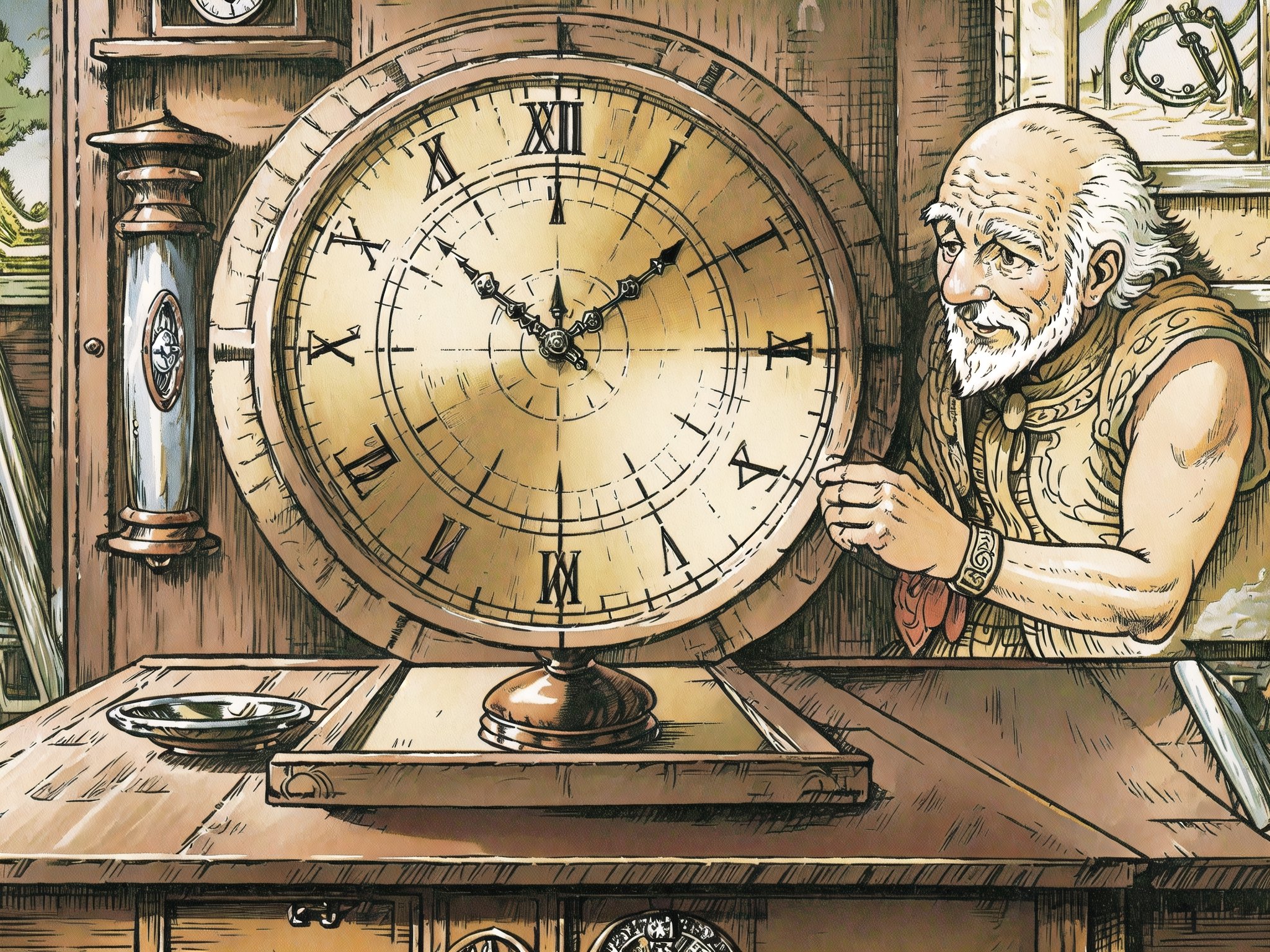 (masterpiece, best quality:1.3), 8k resolution, digital illustration, rup3rt_Style, (solo:1.2), old man, old, balding, beard, workshop, working, hands up, tunic, sleeveless, table, clock, indoors, painting (object), small details, extremely detailed background, finely detailed face, looking down, smile, weathered, warm tone, (fantasy illustration:1.3), intricate details