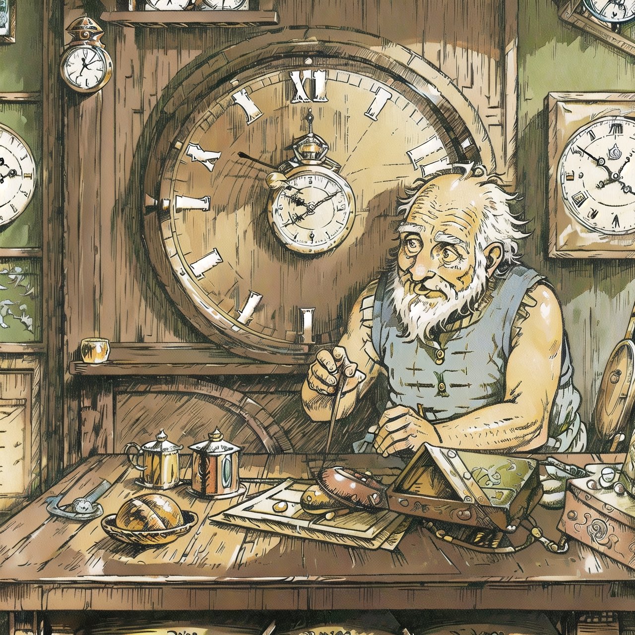 (masterpiece, best quality:1.3), 8k resolution, rup3rt_Style, solo, old man, old, beard, workshop, working, hands up, tunic, sleeveless, table, clock, indoors, extremely detailed background, finely detailed face, looking down, smile, weathered, warm tone, (fantasy illustration:1.3)