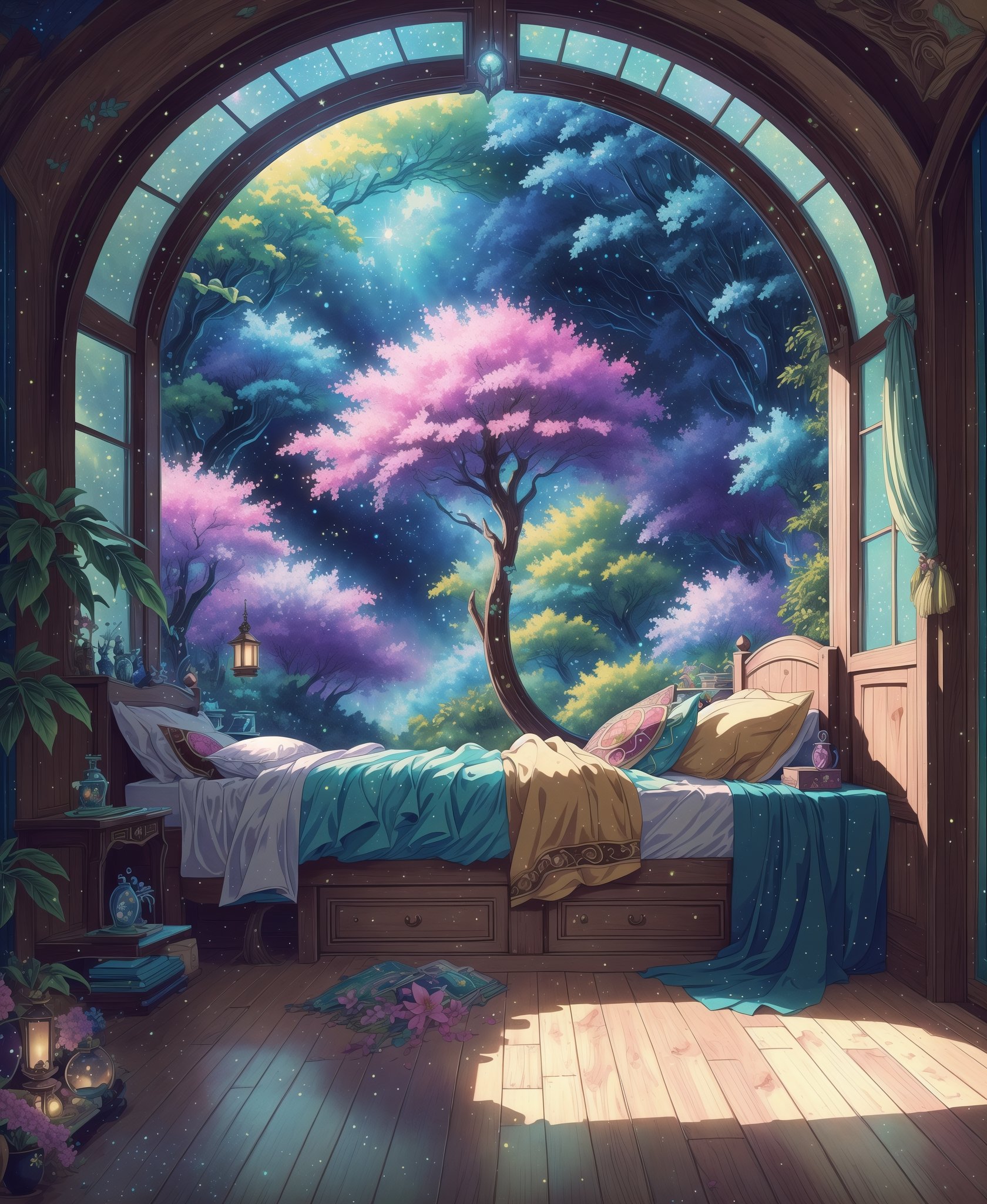 (Masterpiece, Best Quality:1.3), absurdres, 8k, traditional Media,colorful,  hyper-detailed, nature, beautiful, retro arstyle, 1990s (style), vivid, (ciematic:1.1), natural lighting, alcove, fairy, fairytale, fairytale setting, indoors, fairy furniture, cozy, soft lighting, bed, round window, wooden floor, volumetric, finely detailed illustration, (top quality, 8k resolution, cartoon, 2d, scenery,  highly detailed,flower, glitter, pixie dust, colorful beaded curtain, shiny, intricate details, extremely detailed, perfect composition and lighting, surreal,madgod,ninjascroll,LODBG,BiophyllTech,retro artstyle,rayearth