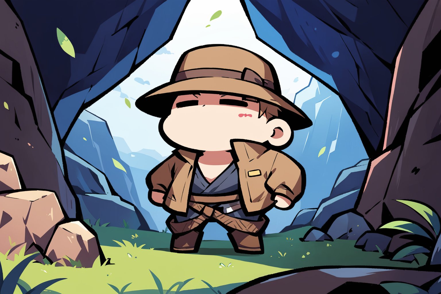(masterpiece, best quality), digital illustration, volumetric lighting, 2d, anime visual, cave raider, brown hat, indiana jones cosplay, rope, (cave:1.3), looking ahead, volumetric lighting, underground, atmosphere, deep depth of field, thick lineart, chibi, nintendo, 8k,outdoors, sky, day, cloud,  blue sky, cover page, 1boy, shirt, jacket, boots, unique character design, rock, grass, more detail XL,madgod,stop motion, peaceful, shiny,sticker