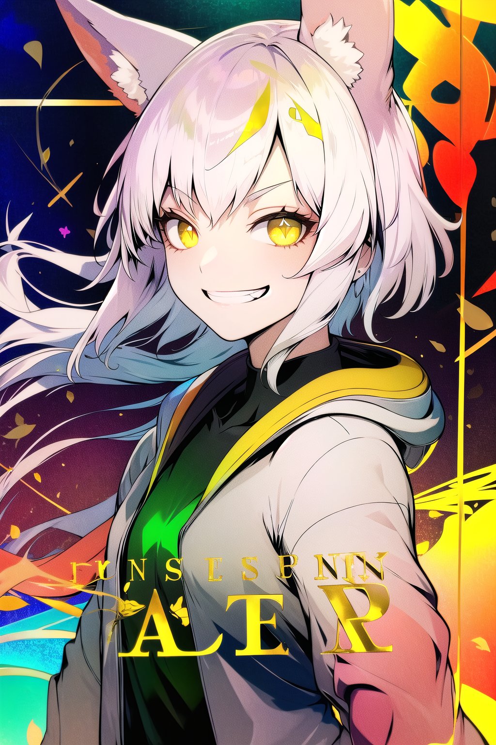 (Masterpiece, best quality:1.4), insaneres, top quality, 8k resolution, card_(/medium), holofoil, solo, upper body, (aura, outer glow:1.1),  white hair, wind, short hair, cute, jacket, fox girl, shirt, smirk, grin, hypnotic yellow eyes, glowing, bloom, nature, bloom, facing viewer, 1girl,  green hair, gorgeous, looking at viewer, (deep depth of field:1.2), bracelet, floating, magical girl, (shiny:1.5), volumetric lighting,shimmer,glitter,Fluffy,traditional media