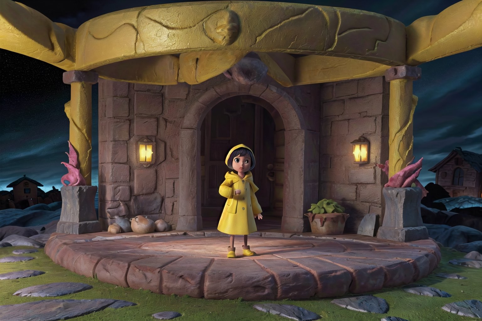 (masterpiece, high resolution, claymation:1.2), (little nightmares:1.2), (fantasy:1.1), beautiful, (1girl, yellow raincoat, yellow hooded cloak:1.4), fairytale, (stop motion:1.1), (dark and creepy atmosphere:1.2), (hyperrealistic), (Coraline-inspired:1.1), (horror theme:1.2), (fantastic lighting:1.2), (detailed set design:1.1), (spooky characters:1.2), (haunting shadows:1.1), (sinister dolls:1.2), (twisted narrative:1.1), sharp focus, (deep depth of field:1.4), (tilt shift:1.1), dramatic, (cinematic:1.2),RING, bloom, soft lighting, dramatic lighting, spotlight, (dark theme, in darkness:1.2)