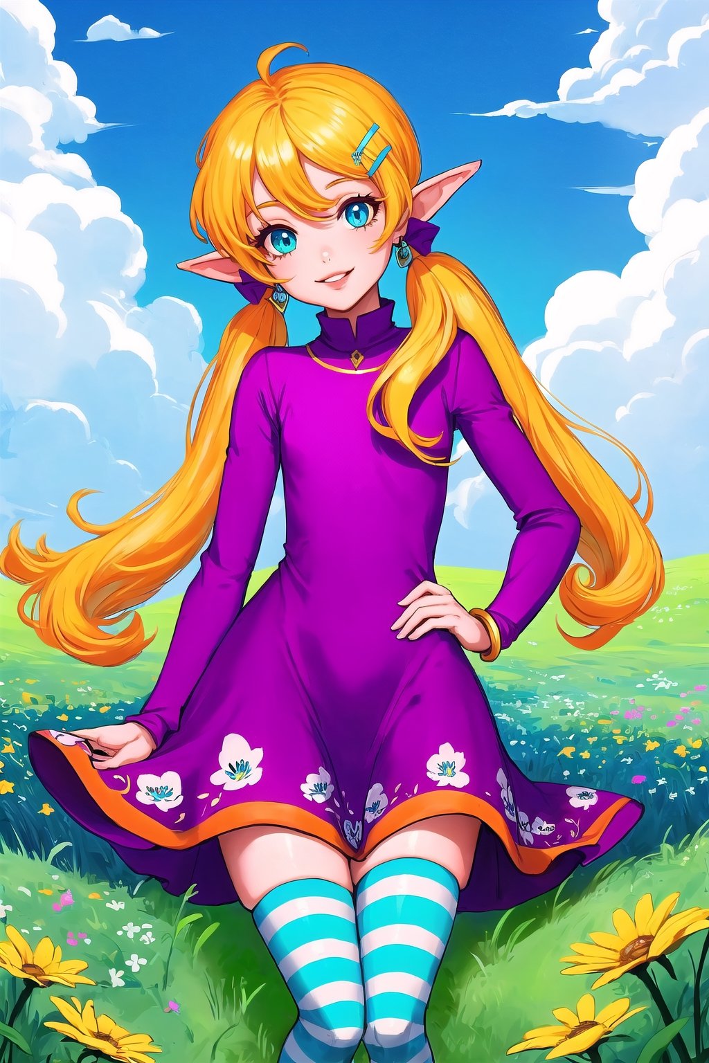 (masterpiece, best quality), digital illustration, volumetric lighting, 2d, bloom, thick lineart, pointy ears, striped, stockings, long sleeves, light smile, hair ornament, swirl print, 8k,outdoors, hair clip, colorful, turning, head tilt, low twintails, very long hair, parted lips, jewelry, flower, dynamic, sky, day, cloud,  blue sky, 1girl, dress, gradient dress, unique character design, cloud, depth of field, grass, sweetscape,full background, more detail XL,madgod,stop motion, peaceful, serene, shiny, sugar_rune,sugar_rune