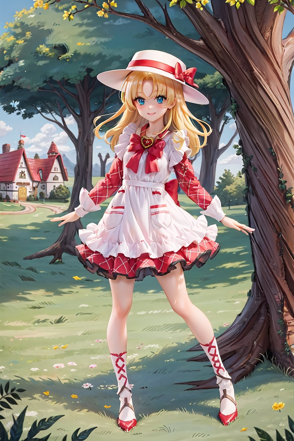 (Masterpiece, Best Quality:1.3), absurdres, official style, fantasy art, best illustration, (dynamic pose, dynamic angle:1.1), nadja, (ultra-detailed portrait), (8k resolution), 1girl, solo, on a grassy hill, looking at viewer, blonde hair,  (parted bangs:1.5), (Detailed eyes, blue eyes:1.2), (perfect face, focus face), smile, frilled dress, red bow, argyle, heart brooch, porkpie hat, (hat bow:1.2), jewelry, standing, (full body:1.2), (depth of field), shoes, sharp focus, (red argyle sleeves:1.1), perfect composition, dappled sunlight, tree, shaded face, fantasy setting, fairytale village in background, various colors, (details:1.2), colorful, shadow, scenery, graphite \(medium\), intricate, caustics, wide shot, (extremely detailed background),1 girl