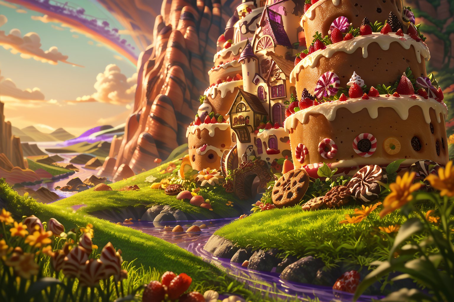 Score_9, Score_8_up, Score_7_up, (masterpiece, best quality), (insaneres), 8k resolution wallpaper, hyperdetailed, sweetscape, full background, fantasy, sugar, shiny, (isometric:1.2), tilt-shift, rainbow terrain, candy, (chololate:1.3), oversized truffle, smooth, dripping, oversized cake, cake, tilt-shift, smarties, spiral tree, grass, landscape, (purple water:1.4), (deep depth of field), sunset, glaze, cookie, sugar, glitter, volumetric lighting,  (Extremely detailed, intricate details),Low-key lighting Style