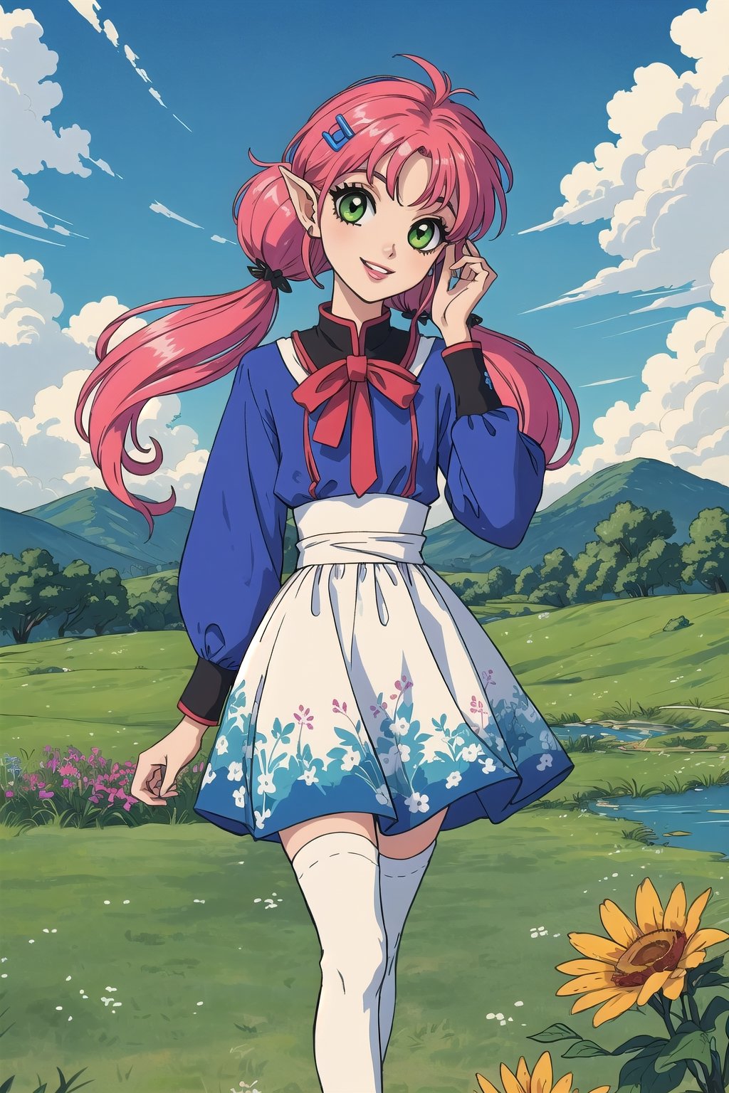 (masterpiece, best quality), digital illustration, volumetric lighting, 2d, bloom, thick lineart, pointy ears, striped, stockings, fully clothed,  long sleeves, light smile, hair ornament, swirl print, 8k,outdoors, hair clip, colorful, turning, head tilt, low twintails, very long hair, floral print, parted lips, jewelry, green eyes,flower, dynamic, sky, day, cloud,  blue sky, 1girl, dress, fashion, stylish, from above, gradient dress, unique character design, cloud, meadow, water, depth of field, grass, sweetscape,full background, more detail XL,madgod,stop motion, peaceful, serene, shiny, sugar_rune,sugar_rune,Rayearth