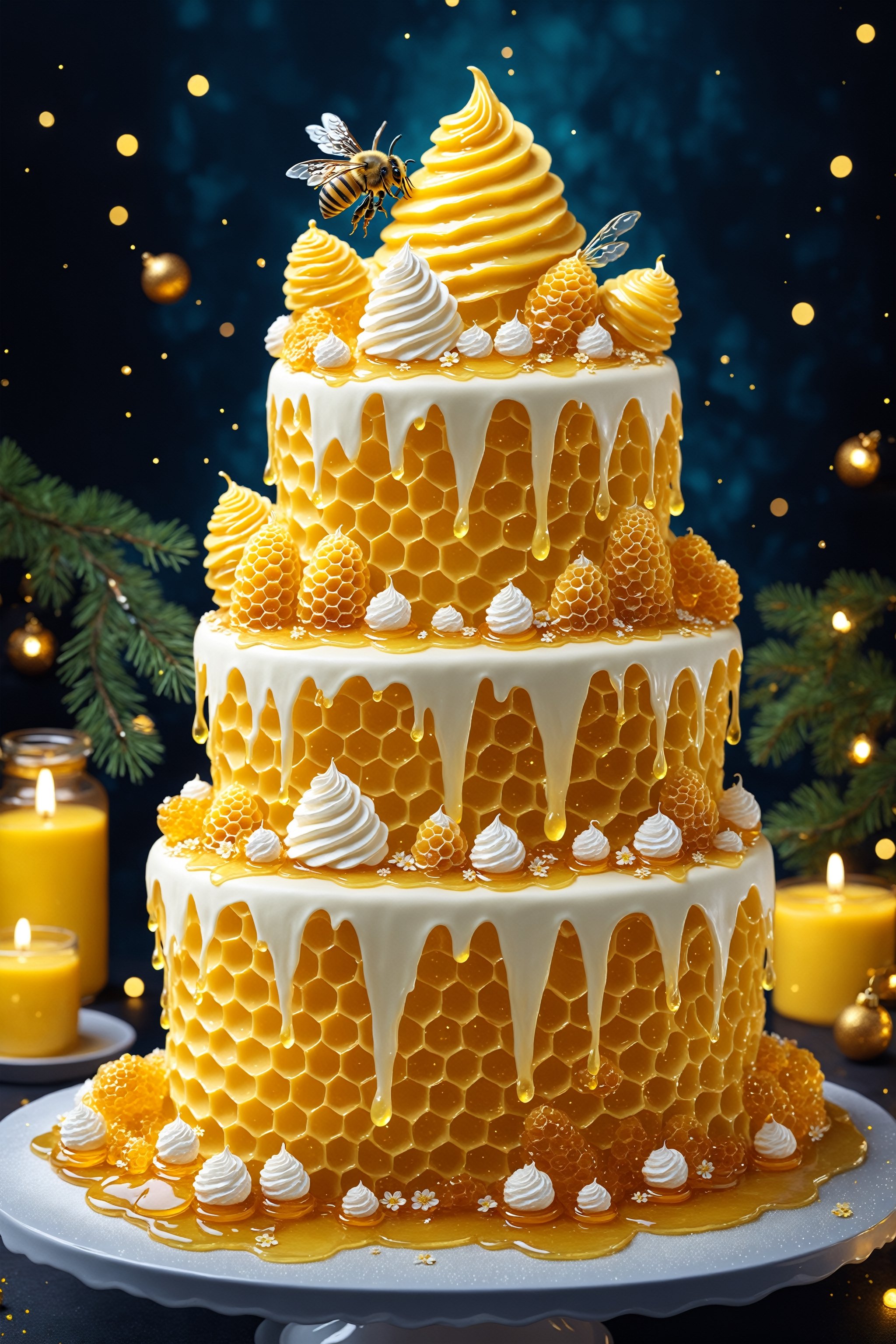 (Masterpiece, best quality:1.3), highly detailed, fantasy, 8k, sweetscape,dynamic, cinematic, ultra-detailed, sweets, fantasy, gorgeous, digital illustration, beautiful composition, intricate details, highly detailed, volumetric lighting, honey, pancake, yellow and white theme, whipped cream, honeycomb, sugar, dramatic lighting, beautiful, dripping, sparkle, glitter, dark theme, dark, white background, (glowing), (glowing cake), yellow water, waterfall, (see-through, transparent cake), christmas ornaments, garland, miniature scale beehive, (no humans), shimmer, (glaze), drizzle, beautiful, (shiny:1.2), various colors, christmas tree, bloom:0.4, extremely detailed, gradients),more detail XL