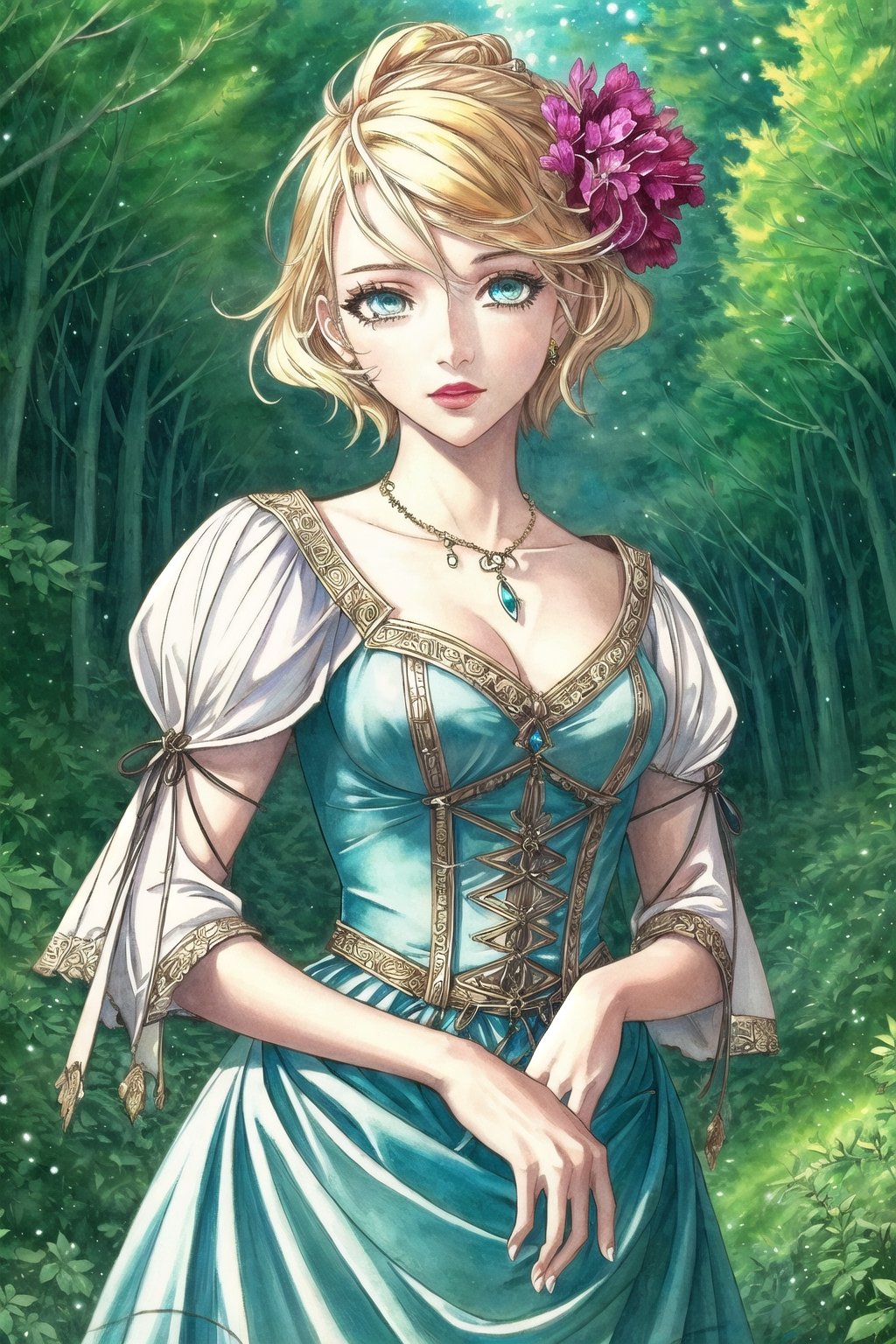 (masterpiece, best quality:1.3), 8k resolution, , digital illustration, cover page, thick lineart, bold lineart, 2d, original character concept, cool, cowboy shot, 1girl, manga, mature female, aged up, (dynamic posture), expressive pose, jewelry, lipstick, stylish, fashion, dress, blonde hair, short hair, green eyes, messy hair, sky, wind lift, flower, looking at viewer, parted lips, fantasy, simple background, ribbon, hair between eyes, perfect female figure, extremely detailed, (intricate details), perfect face, finely detailed face, detailed eyes, (colored eyelashes:1.2), (solo), (Worldwide trending artwork, faux traditional media, head tilt, whimsical, volumetric, perfect composition, enchanted forest, floating particles, dappled sunlight
