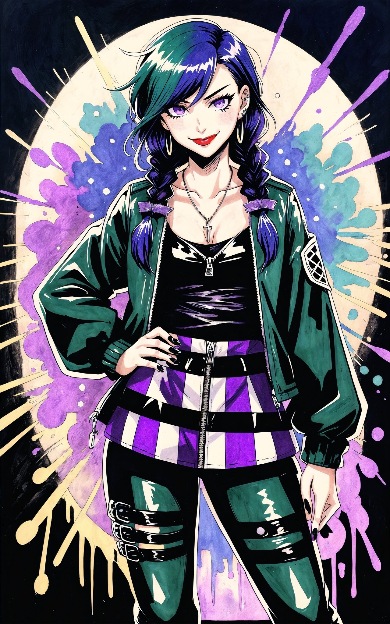 (Masterpiece), (highres), 8k, (traditional media:1.2), manga, digital illustration, 2d,  retro artstyle, (ultra-detailed portrait of a girl in a dress, stylish, purse, jewelry, thick thighs, relaxed pose, checkered, striped, black border, inset, faded border, circle art, beautiful, punk aesthetic, paint splatter, holding paint can, graffiti,grunge texture, single earring, cropped jacket, black nail polish, streaked hair, blending, glaring, evil smile, colorful, extremely detailed, detailed face, lipstick, dark green hair, purple eyes, hair between eyes, head down, looking at viewer, stylish, fashion, expressive, smirk, leather pants, zipper, smug,,mature female, tomboy, official alternate hairstyle, very long hair, (single braid:1.3), curly hair, cool, aged up,head tilt, looking at viewer, cowboy shot, fully clothed, (8k resolution),figurine, SILHOUETTE LIGHT PARTICLES