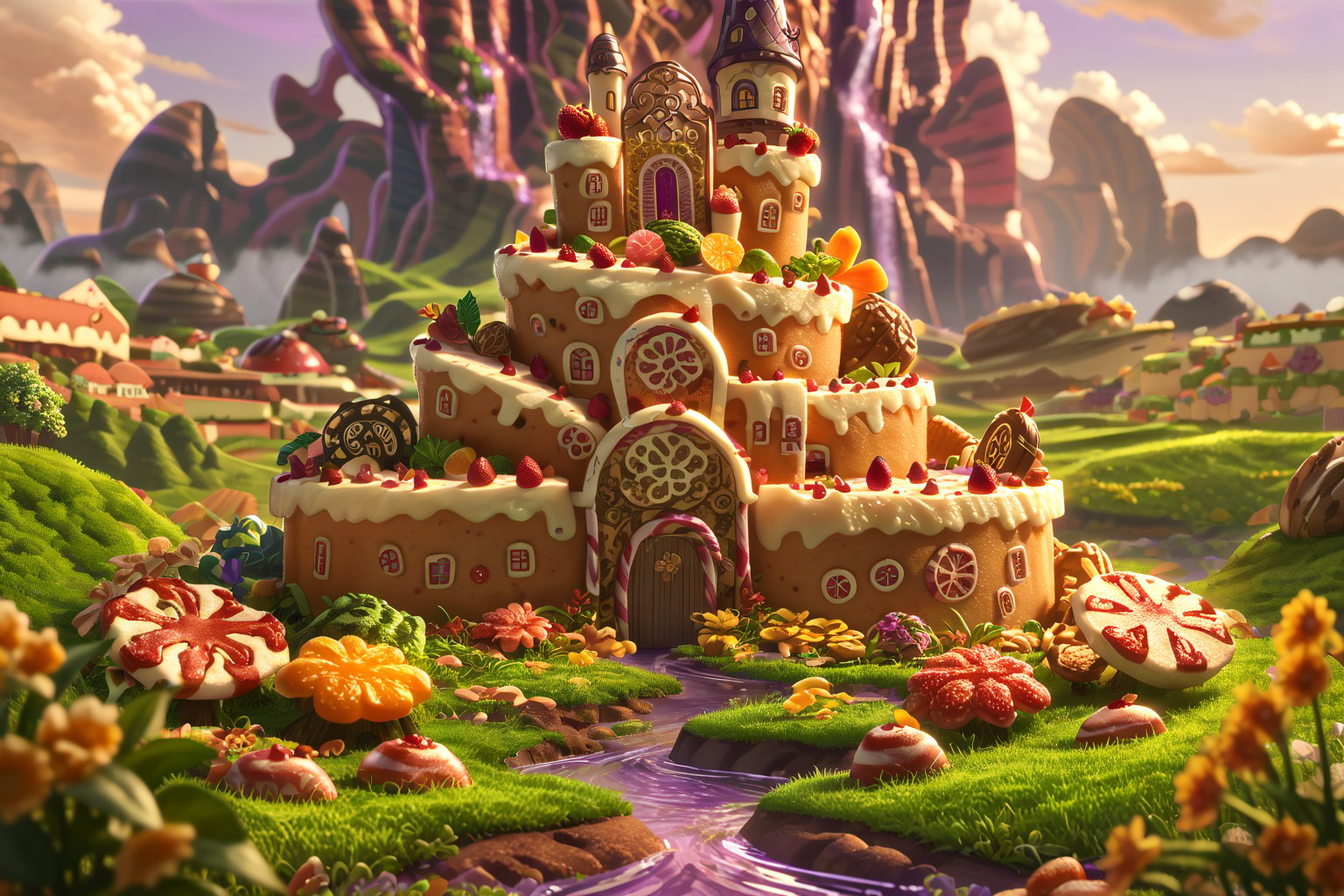 Score_9, Score_8_up, Score_7_up, (masterpiece, best quality), (insaneres), 8k resolution wallpaper, hyperdetailed, 2d, cartoon, sweetscape, full background, fantasy, sugar, shiny, (isometric:1.2), tilt-shift, rainbow terrain, candy, (chololate:1.3), oversized truffle, smooth, round roof, rounded corners, dripping, oversized cake, cake, tilt-shift, smarties, spiral tree, grass, landscape, (purple water:1.4), (deep depth of field), sunset, glaze, cookie, sugar, glitter, volumetric lighting,  (Extremely detailed, intricate details)