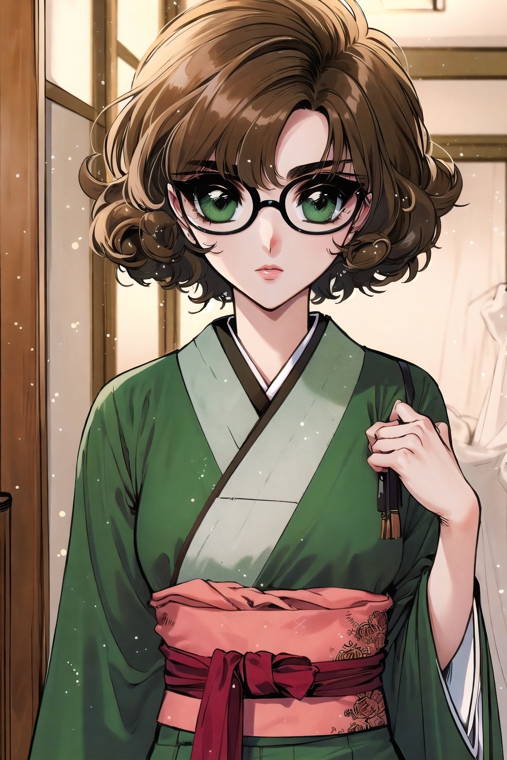 (Masterpiece,  Best Quality:1.2),  Traditional Media,  retro artstyle,  1990s \(style\),  1girl,  solo,  Manga,  dynamic,  very long hair,  lipstick,  perfect face,  woman standing in hallway,  mid shot,  (upper body:1.2),  full body,  focus face,  japanese clothes,  obi, brown hair, short hair, curly hair, (green eyes:1.2), rounded glasses, detailed deep eyes,  beautiful,  stylish,  vibrant colors, (deep depth of field:1.2),  light particles,  cinematic lighting,  shiny,  alternate costume,  alternate hairstyle,  bangs,  curvy, sugar_rune, 1 girl ,Rayearth