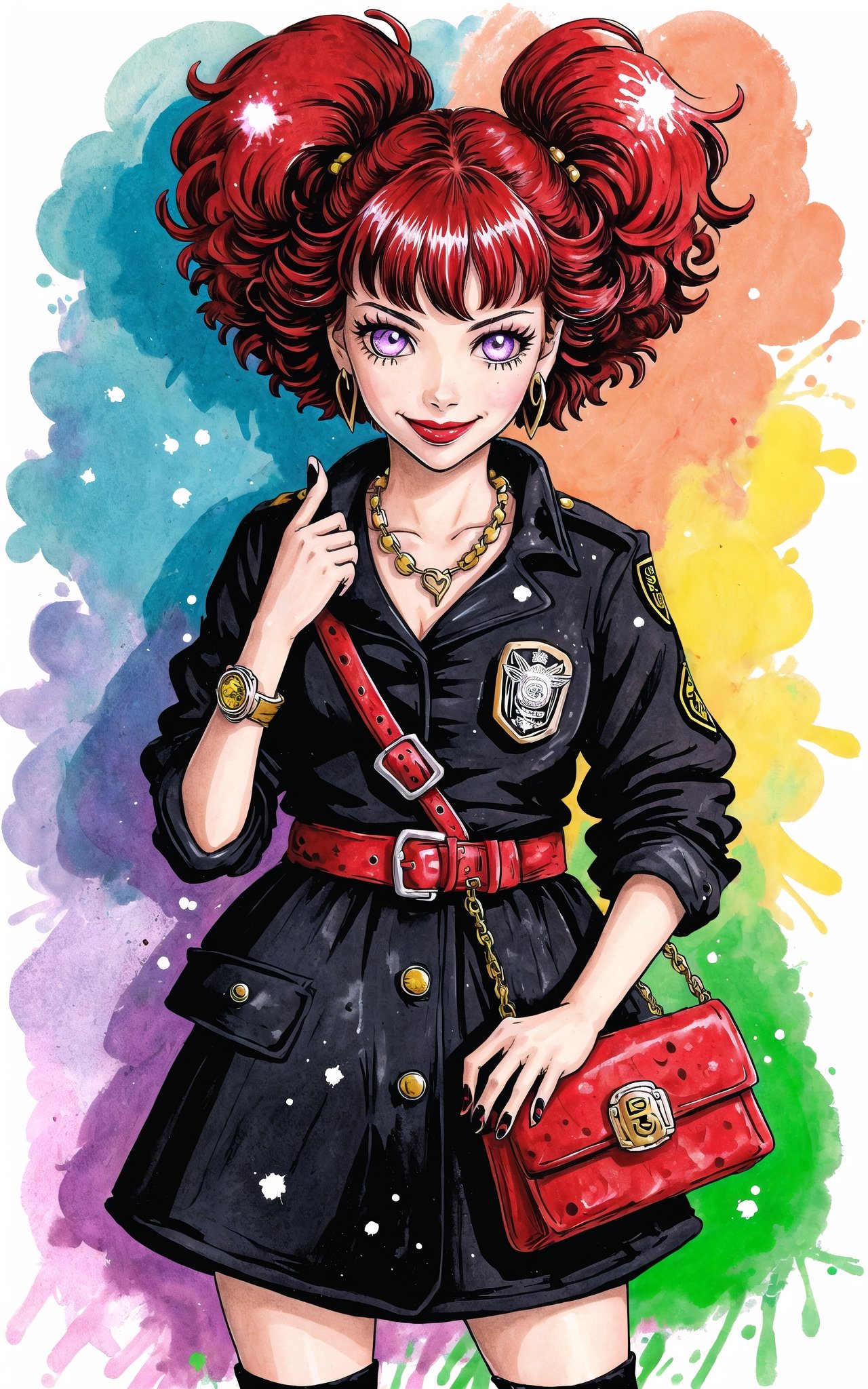 (Masterpiece), (highres), 8k, (traditional media:1.2), manga, digital illustration, 2d,  retro artstyle, (ultra-detailed portrait of a girl in a dress, stylish, purse, jewelry, floral print, beautiful, punk aesthetic, paint splatter, holding paint can, graffiti,grunge texture, single earring, cropped jacket, black nail polish, streaked hair, blending, glaring, evil smile, colorful, extremely detailed, detailed face, lipstick, twintails, red hair, purple eyes, looking at viewer, stylish, fashion, expressive, smirk, smug,,mature female, tomboy, official alternate hairstyle, short hair, messy hair, curly hair, cool, aged up, officer, intricate watch, head tilt, looking at viewer, cowboy shot, fully clothed, (8k resolution),figurine, SILHOUETTE LIGHT PARTICLES