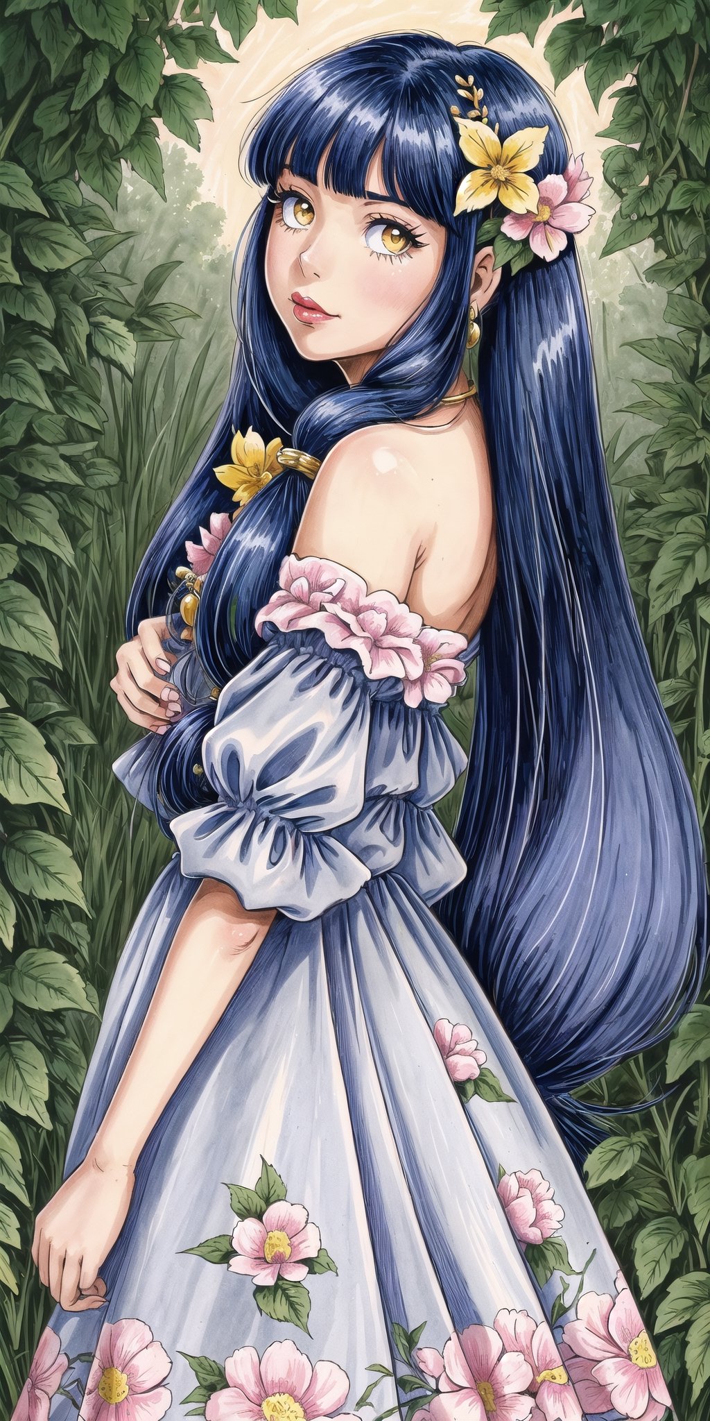 (Masterpiece), (highres), 8k, (traditional media:1.2), manga, digital illustration, 2d,  retro artstyle, (ultra-detailed portrait of a girl in a doll dress in a garden, floral print, beautiful, princess, hair ornament, lleaning forward,  (pout), :t, cheek bulge, annoyed,  jewelry, colorful, extremely detailed, detailed face, lipstick, twintails, dark blue hair, yellow eyes, from below, from side, looking back, looking at viewer, ismile, stylish, cute, expressive, smirk, smug,mature female, looking to the side, shoulder cape, cool, aged up, officer, intricate watch, head tilt, looking at viewer, v arms,  cowboy shot, fully clothed, (8k resolution)