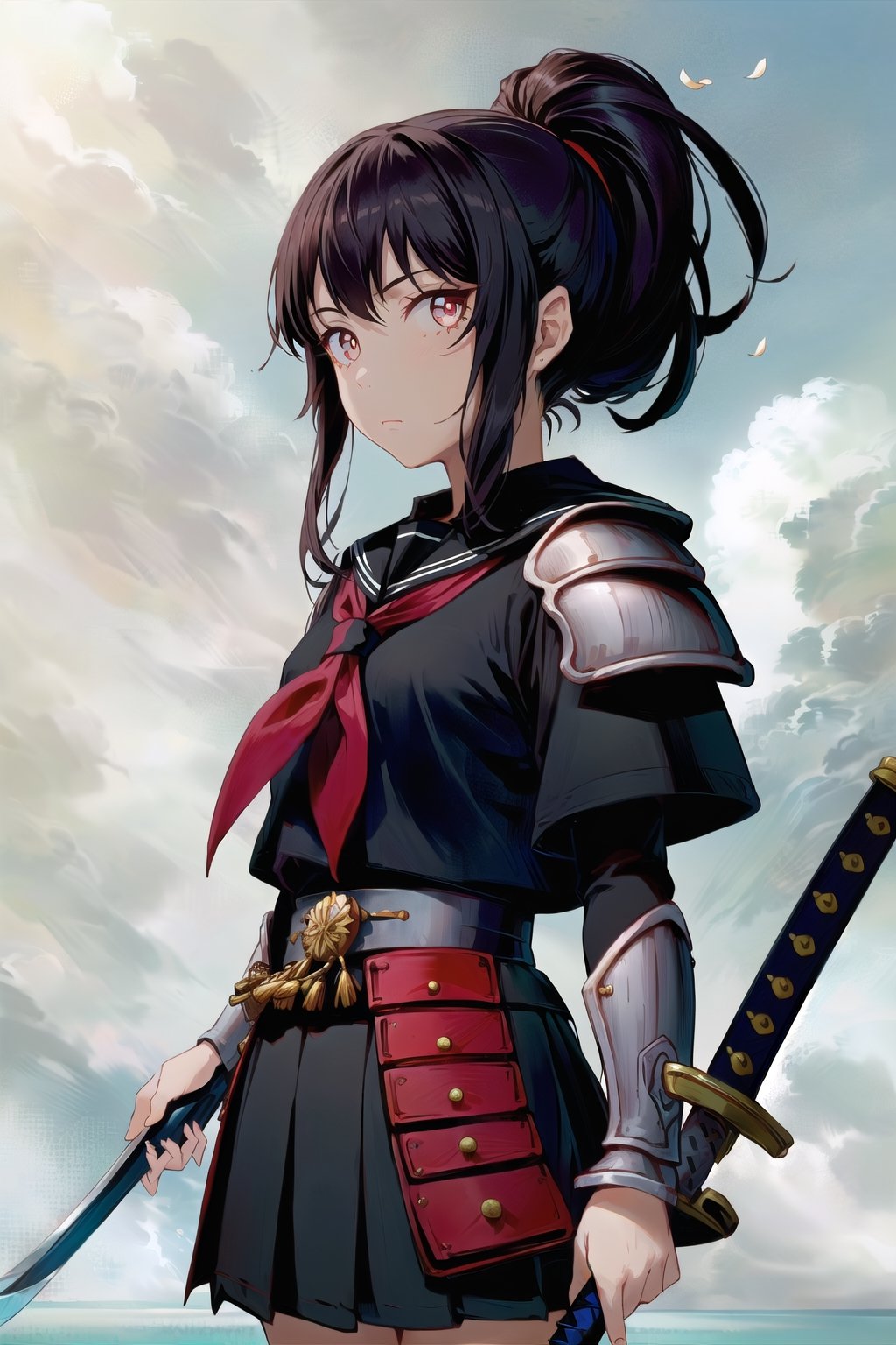 (Masterpiece, Best Quality:1.3), absurdres, (8k resolution), full body, full angle view, illustration, 1girl, solo, long hair, looking at viewer, skirt, shirt, black hair, red eyes, long sleeves, hat, holding, closed mouth, school uniform, ponytail, weapon, cowboy shot, horns, serafuku, sword, black skirt, sailor collar, holding weapon, armor, neckerchief, parted bangs, black shirt, holding sword, katana, shoulder armor, sheath, red neckerchief, black serafuku, sheathed, japanese armor, scabbard, kote. (extremely detailed), ((depth of field)), fantastic composition, (shadow), sky, cloud, (highly detailed), floating particles, ,sugar_rune