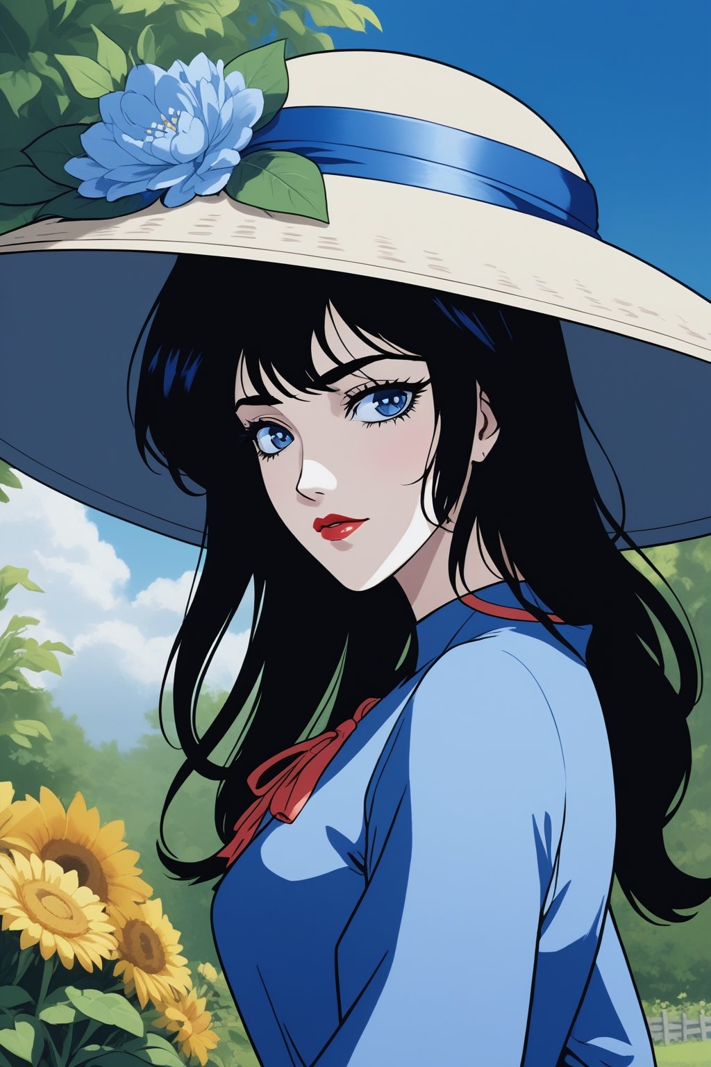 (masterpiece,  best quality:1.3),  8k resolution,  ,  digital illustration,  cover page,  thick lineart,  bold lineart,  2d,  original character concept,  cool,  cowboy shot,  1girl,  manga,  mature female,  aged up,  (dynamic posture),  expressive pose,  jewelry,  lipstick,  stylish,  fashion,  dress,  black hair,  from side,  leaning forward,  garden,  blue theme,  ringlets,  bonnet,  hair flower,  long hair,  swept bangs,  sky,  wind lift,  flower,  looking at viewer,  parted lips,  fantasy,  simple background,  ribbon,  hair between eyes,  perfect female figure,  extremely detailed,  (intricate details),  perfect face,  finely detailed face,  detailed eyes,  (colored eyelashes:1.2),  (solo),  (Worldwide trending artwork,  faux traditional media,  head tilt,  whimsical,  volumetric,  perfect composition,  floating particles,  outdoors,  volumetric lighting,  soft lighting,  bloom, Worldwide trending artwork