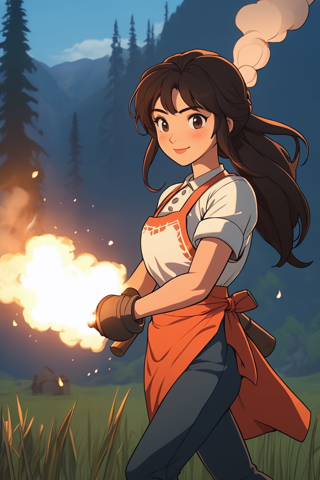 (masterpiece, best quality), digital illustration, volumetric lighting, faux traditional media,  2d, anime visual, thick lineart, 8k indoors, workshop, blacksmith, very long hair, aged up, braided hair, black hair, (mid shot, upper body), focus, smile, harmony, volumetric lighting, dreamy, motion blur, holding hammer, smelting, glowing, heat, steam, sweat, 1girl, sidelocks, bangs, fantasy, hair ornament, (working:1.2), full lips, apron, white shirt, rolled up sleeves, pants, standing, fully nature, tree, grass, clothed, cowboy shot, feet out of frame, solo, outdoors, unique character design, mature female, (outline), light blush, (motion blur), (dynamic line of action:1.1), (deep depth of field), full background, peaceful, sunset, smoke, stone, wood, (extremely detailed, from side, looking down, (focused), intricate details:1.3), dark-skinned female, hyperrealistic, photoreal, detailed face, detailed eyes, serene, shiny, cl4mp,more detail XL,cl4mp,c0raline_style,r0b0cap