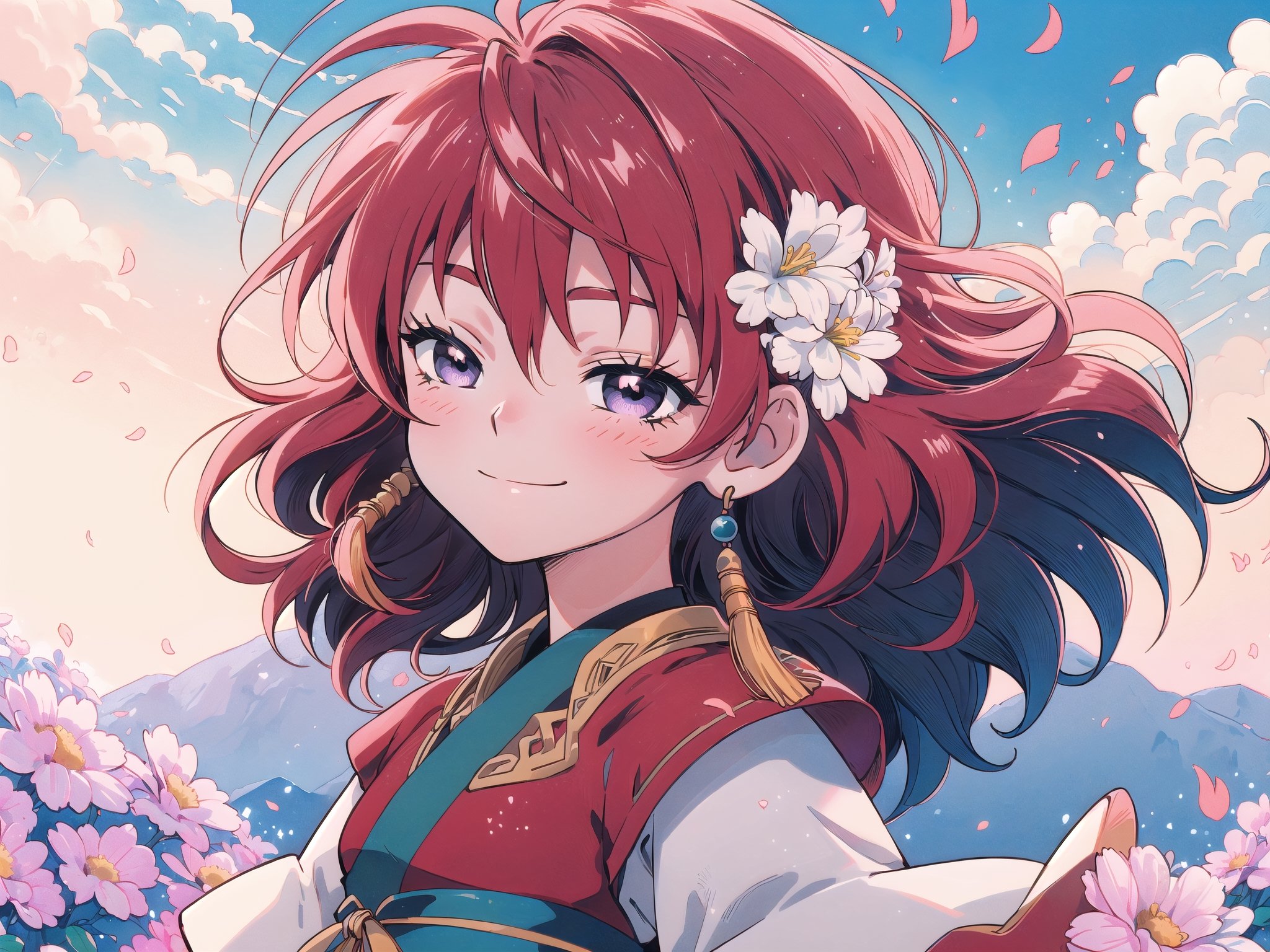 (masterpiece, best quality:1.3), insaneres, top quality, 8k, highly detailed, ultra-detailed. cowboy shot, yona1, (retro artstyle:1.2), (traditional media:1.2), manga, colorful, very long hair, detailed face, perfect face, detailed eyes, red hair, purple eyes, aged up, half-closed eyes, graphite (medium), happy, smile, closed mouth, wind lift, (tanlin ruqun, banbi, tassel earrings:1.2), surrounded by flowers and nature, beautiful, sharp focus, gorgeous, perfect composition, bloom, sky, embers, golden hour, sunrise, scenery, (extremely detailed background), intricate details, dynamic, dynamic pose, hair flower, maiden, nature, 1 girl, (volumetric lighting:1.1), best shadow,chibi