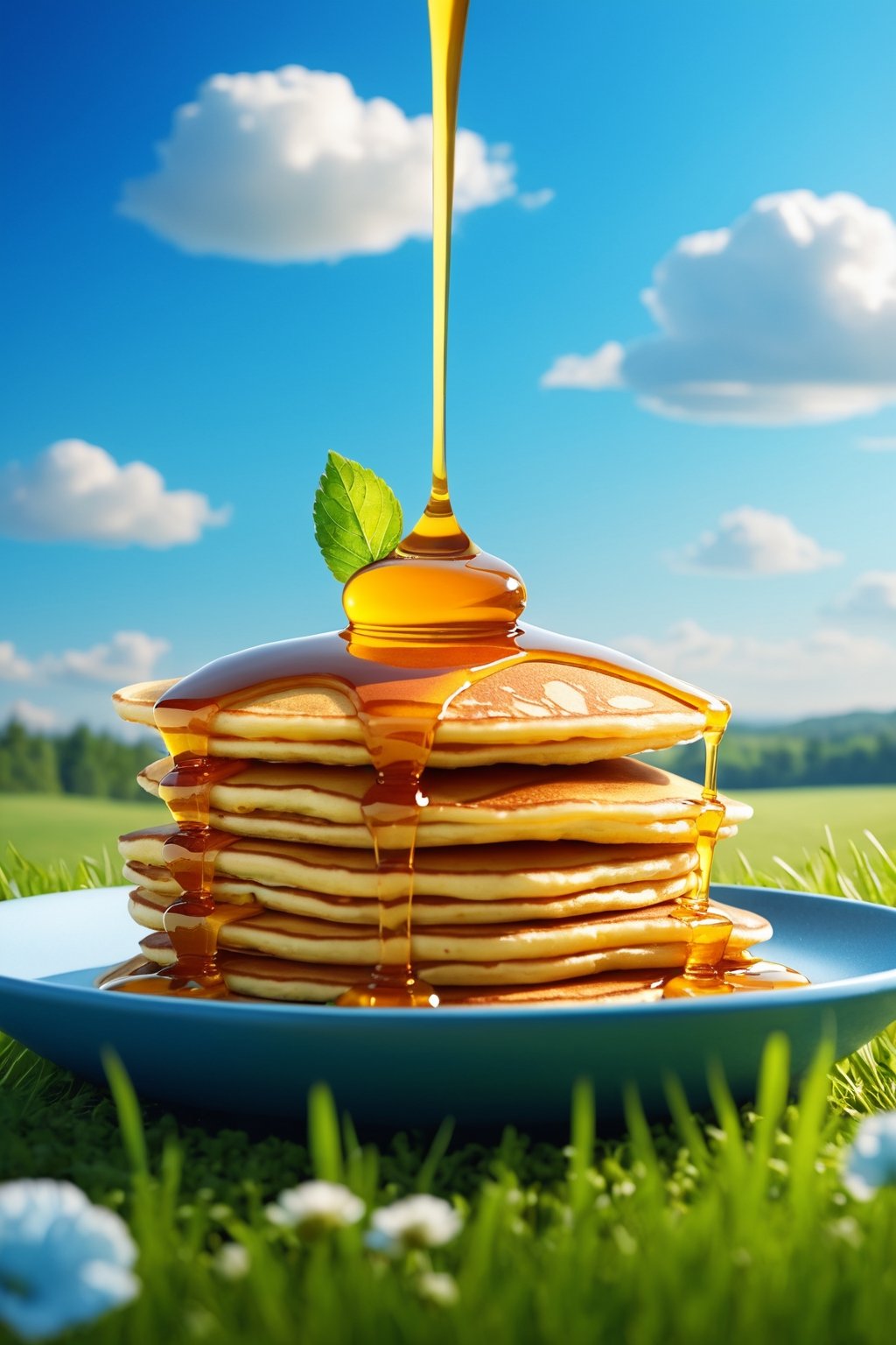 (masterpiece, best quality), digital illustration, volumetric lighting, outdoors, food, sky, day, cloud,  blue sky, no humans, depth of field, grass, food focus, pancake, honey, syrup,sweetscape,full background