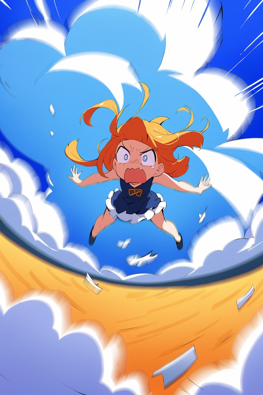 (masterpiece, best quality), digital illustration, volumetric lighting, 2d, anime visual, thick lineart, screaming, 8k, above clouds, outdoors, sky, day, cloud, blue sky, falling, wind lift, wavy mouth, outstretched arms, scared, afraid, 1girl, dress, unique character design, piping, cloud, (motion blur:1.3), deep depth of field, sweetscape,full background, more detail XL,madgod,stop motion, shiny, sugar_rune