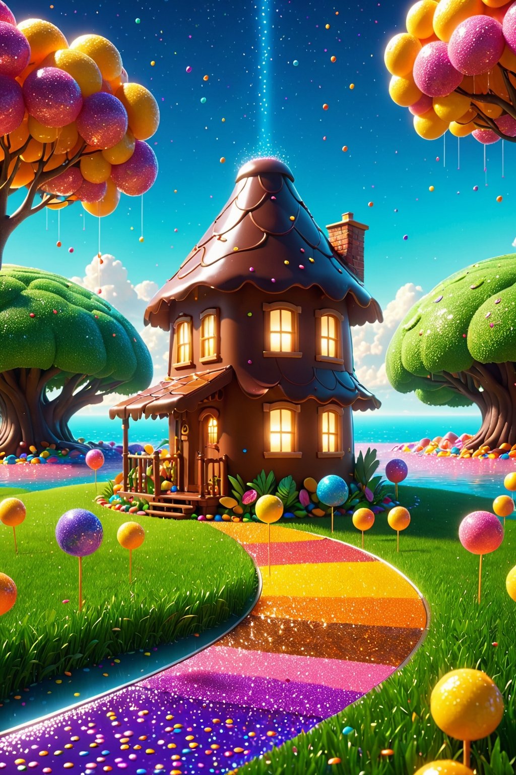 (Masterpiece), (best quality), top quality, fairytale, fantasy, sweet, candy, hyperrealistic, in the style of pixar, 3d, cg unity wallpaper, 8k,  transitory, magic, playful, oversized pancake, drizzle, syrup, delicious, cinematic, (house made of candy:1.3), shimmer, glitter, scenery,  landscape, striped, smooth edges, water, gradient, particles, shiny, small details, sky, grass, see-through, transparent, colorful, chocolate bar, parfait,colored lineart, glowing, beautiful, sunlight, tropical, motio blur, volumetric lighting, multicolored theme,  (gradients), atmospheric, top lighting, muted colors, soothing tones, intricate details, dynamic, animated,  breathtaking, magical, black background, tree, (deep depth of field:1.1), extremely detailed background, fantasy landscape, sprinkles, 850mm, digital illustration, more detail XL, glitter