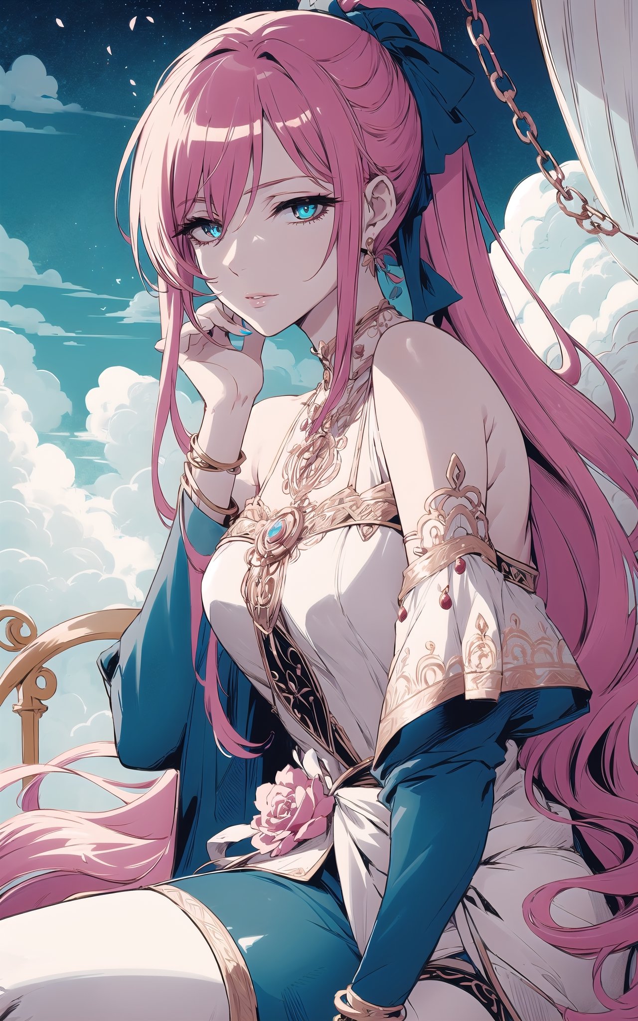 (Masterpiece,  Best Quality), top quality, highly detailed, (8k resolution), (ultra-detailed portrait), upper body, (official alternate costume:1.4), bloom, outline, soft aura, limited palette, deep colors, rich colors, spot color, (intricate details), monochrome, vibrant, (highly detailed), mature female, adult, half-closed eyes, soft makeup, ink_(medium), (long face:1.2), (thick lineart:1.2), (blue and white theme:1.3), beautiful, (detailed face, detailed eyes, deep eyes:1.2), (gradient eyes), copper hair, reflective hair, armlet, curvy, beautiful female figure, mature female, jewelry, head adornment, gold chain, waist chain, jacket, off shoulder,long hair, low ponytail, (long face, full lips), dynamic pose, cocktail dress, looking at viewer, sitting, lying, on side, hand on own hip, perfect hands, nail polish, crossed legs, eye trail, glowing, dark room, studio lighting, sky, cloud, (shiny), floating, atmosphere, misty, no humans, day, halation, sunlight,] (intricate details:1.2), day, (volumetric lighting, soft lighting:1.1), multicolored theme, (clouds, cloud, surrounded by clouds), bloom, windy, petals, surreal, (fantasy:1.1), eugene_volkan