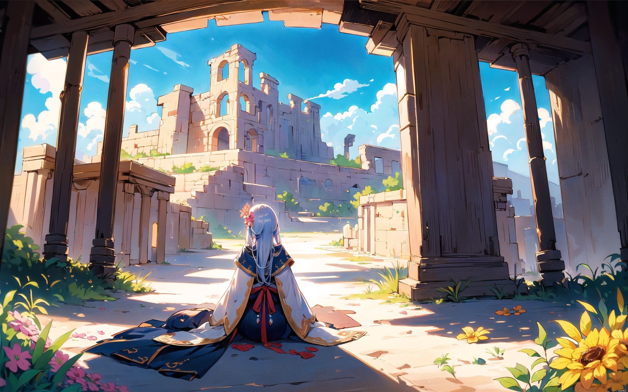 (Masterpiece, Best Quality:1.3), insaneres, 8k, highly detailed, top quality, ultra-detailed, 2d, (faux traditional media:1.3), manga, digital illustration, fantasy, thick lineart, outline, flower, (desert:1.3), gorgeous view, bamboo forest, zen, (paradise), greek, shimmer, overgrowth, blue sky, (cloud), volumetric lighting, fairytale, wonder, dreamy, outdoors, nature, greek architecture, (extremely detailed background:1.2), 85mm, hyperrealistic, film grain, colorful, ancient ruins, (shadow), blurry foreground, (intricate details), mystical, (natural lighting:1.1), cozy, bloom, (deep depth of field:1.3), (floating islands in the distrance)