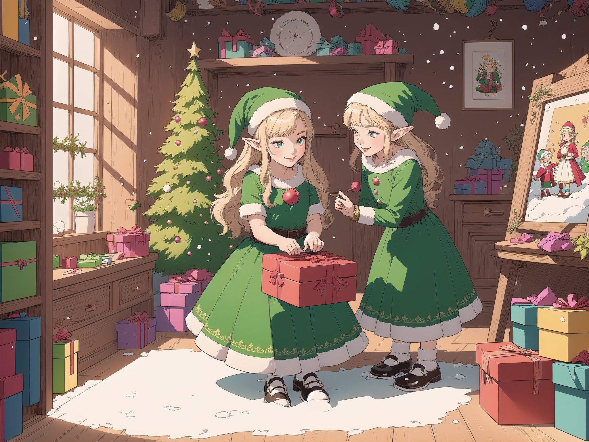(masterpiece, best quality:1.3), 8k resolution, digital illustration, rup3rt_Style, christmas hair ornament, christmas decorations, santa's workshop, toys, (family), elf hat, bloom, glowing, santa and his elves in the workshop, christmas, elf, eye contact, elf costume, spacious, gift, presents, present box, elf hat, shelf with toys, 1girl, aged down, child, thick lineart, bold lineart, green dress, 2boys, short male, curled shoes, tinsle, garland, wreath, bow, working, indoors, cartoon, painting (object), small details, christmas decorations, extremely detailed background, mid shot, full body, finely detailed face, looking down, smile, weathered, warm tone, wooden floor, shadow, candlelight, dark, (fantasy illustration:1.3), intricate details, looking at another, depth and richness,  falling_snow outside (window)