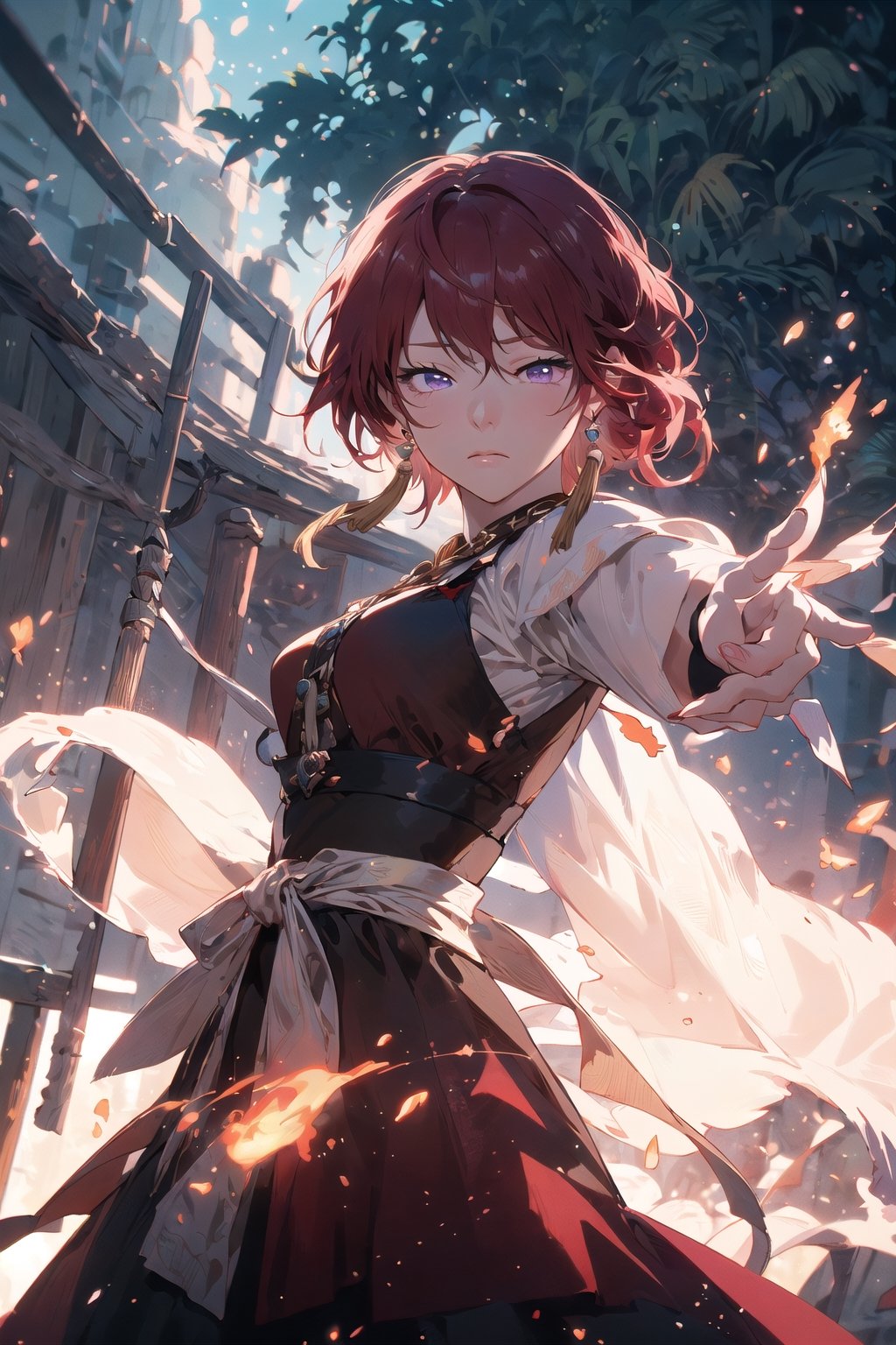 (masterpiece, best quality:1.3), insaneres, top quality, 8k, highly detailed, ultra-detailed. cowboy shot, yona1, detailed face, perfect face, detailed eyes, red hair, purple eyes, tearing up, half-closed eyes, sad, closed mouth, (tanlin ruqun, banbi, tassel earrings:1.1), surrounded by flames and nature, beautiful, gorgeous, perfect composition, bloom, sky, scenery, (extremely detailed background), intricate details, dynamic, dynamic pose, 1 girl, (volumetric lighting:1.1), best shadow