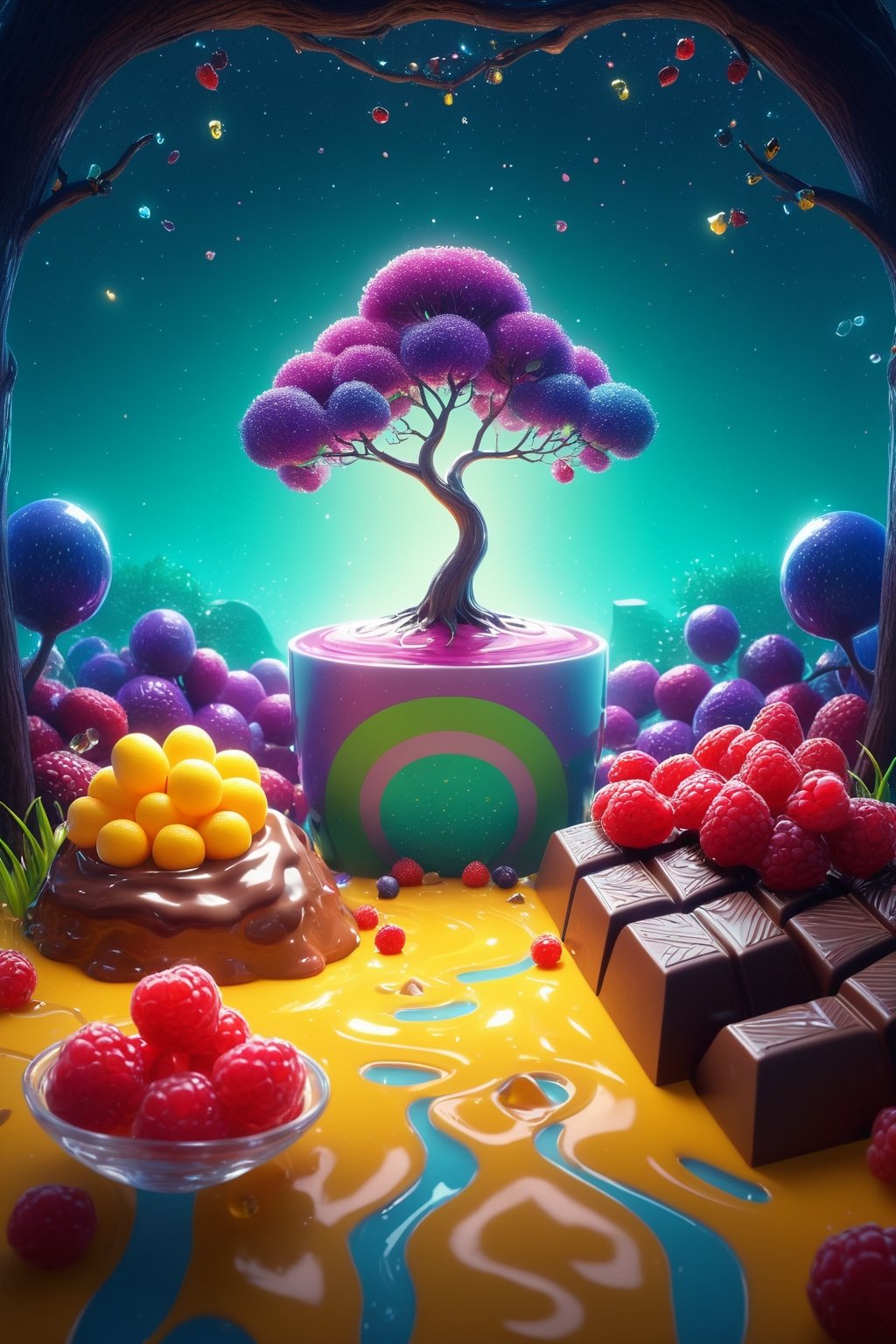 (Masterpiece), (best quality), top quality, fairytale, fantasy, sweet, candy, hyperrealistic, in the style of pixar, 3d, cg unity wallpaper, 8k,  magic, playful, drizzle, syrup, delicious, cinematic,  shimmer, glitter, scenery, striped, smooth edges, water, gradient, particles, shiny, small details, grass, see-through, transparent, colorful, fruit, chocolate, ,beautiful, sunlight,  volumetric lighting, multicolored theme,  (gradients), atmospheric, top lighting, muted colors, soothing tones, intricate details, dynamic, animated,  breathtaking, magical, tree, (deep depth of field:1.1), extremely detailed background, 850mm, digital illustration, more detail XL, glitter