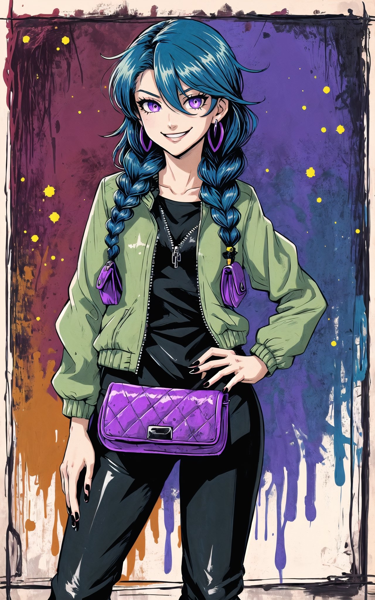 (Masterpiece), (highres), 8k, (traditional media:1.2), manga, digital illustration, 2d,  retro artstyle, (ultra-detailed portrait of a girl in a dress, stylish, purse, jewelry, thick thighs, relaxed pose, checkered, striped, black border, inset, faded border, circle art, beautiful, punk aesthetic, paint splatter, holding paint can, graffiti,grunge texture, single earring, cropped jacket, black nail polish, streaked hair, blending, glaring, evil smile, colorful, extremely detailed, detailed face, lipstick, dark green hair, purple eyes, hair between eyes, head down, looking at viewer, stylish, fashion, expressive, smirk, leather pants, zipper, smug,,mature female, tomboy, official alternate hairstyle, very long hair, (single braid:1.3), curly hair, cool, aged up,head tilt, looking at viewer, cowboy shot, fully clothed, (8k resolution),figurine, SILHOUETTE LIGHT PARTICLES