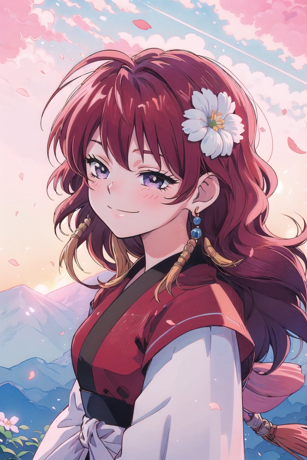 (masterpiece, best quality:1.3), insaneres, top quality, 8k, highly detailed, ultra-detailed. cowboy shot, yona1, (retro artstyle:1.2), (traditional media:1.2), manga, colorful, very long hair, detailed face, perfect face, detailed eyes, red hair, purple eyes, aged up, half-closed eyes, graphite (medium), happy, smile, closed mouth, wind lift, (tanlin ruqun, banbi, tassel earrings:1.2), surrounded by flowers and nature, beautiful, sharp focus, gorgeous, perfect composition, bloom, sky, embers, golden hour, sunrise, scenery, (extremely detailed background), intricate details, dynamic, dynamic pose, hair flower, maiden, nature, 1 girl, (volumetric lighting:1.1), best shadow,chibi