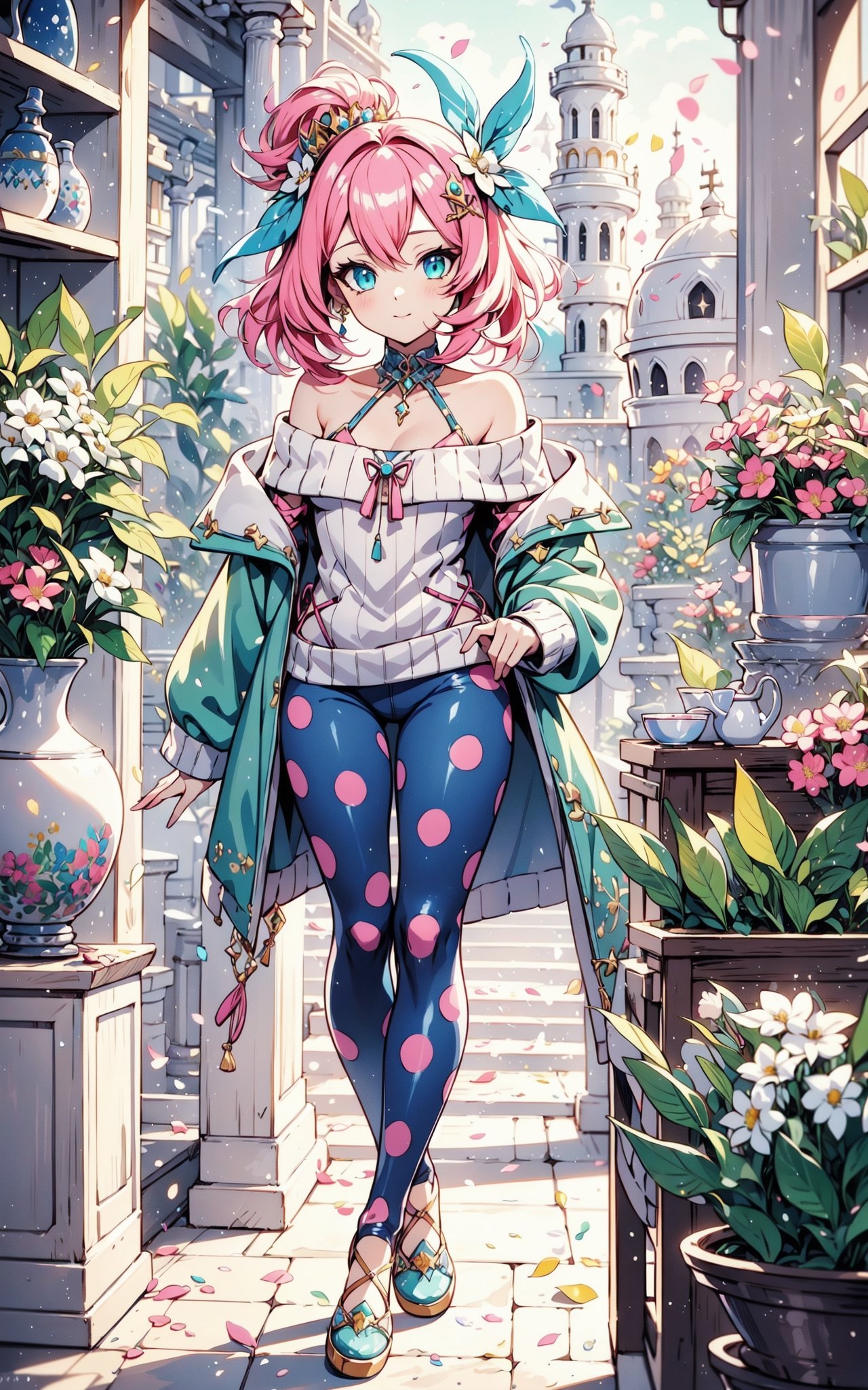 faux traditional media, mature female, beautiful,  anime visual,  (magazine cover:1.2), ultra-detailed shot of a princess, beautiful, pink hair, flower hair ornament, polka dot,1girl, avatar icon, game character concept, jrpg, 800mm lens, off shoulder, hoodie, ribbed sweater, sharp focus, depth of field, volumetric lighting, ((stylish, vintage)), (pinup:0.5), green and blue theme,(capri pants:1.2), studio lighting, (asymmetrical legwear),1 girl,Kawaii Figurines Style,yuzu