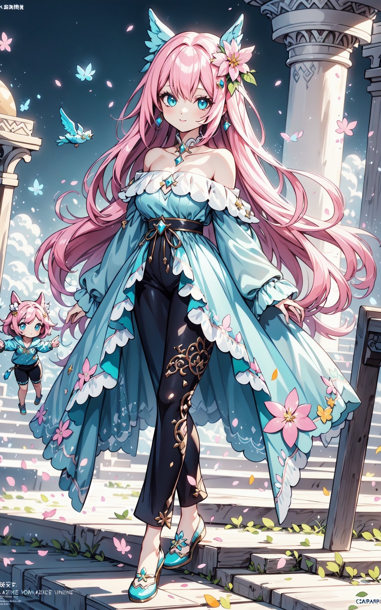 faux traditional media, mature female, beautiful,  anime visual,  (magazine cover:1.2), ultra-detailed shot of a princess, beautiful, pink hair, flower hair ornament, polka dot,1girl, avatar icon, game character concept, jrpg, 800mm lens, off shoulder, hoodie, ribbed sweater, sharp focus, depth of field, volumetric lighting, ((stylish, vintage)), (pinup:0.5), green and blue theme,(capri pants:1.2), studio lighting, (asymmetrical legwear),1 girl,Kawaii Figurines Style,yuzu,skirt_tail