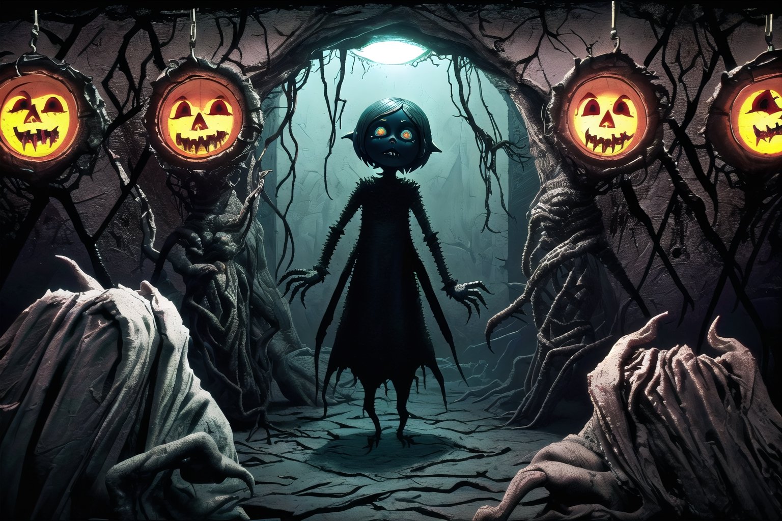 (masterpiece, high resolution, claymation:1.2), (stop motion:1.1), (dark and creepy atmosphere:1.2), (Coraline-inspired:1.1), (horror theme:1.2), (fantastic lighting:1.2), (detailed set design:1.1), (spooky characters:1.2), (haunting shadows:1.1), (sinister dolls:1.2), (twisted narrative:1.1), sharp focus, (deep depth of field:1.4), (tilt shift:1.1), dramatic, (cinematic:1.2),RING
