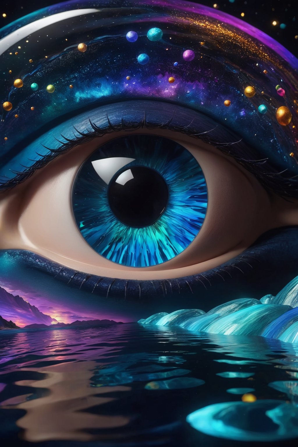 (beautiful detailed face,  beautiful detailed eyes), (((best quality, masterpiece))), c0raline_style, (stop motion), colorful, 8k resolution, sea, ocean, fantasy, mystical, galaxy, multicolored theme,atmosphere, dynamic, (hyperrealistic, photoreal), cg unity wallpaper, high contrast, uhdr, halation, bloom, (shiny), atmospheric perspective, dynamic lighting, island, tropical, volumetric, (deep depth of field:1.3), bokeh, expressive, intricate design, floating particles, more detail XL,glitter,itacstl