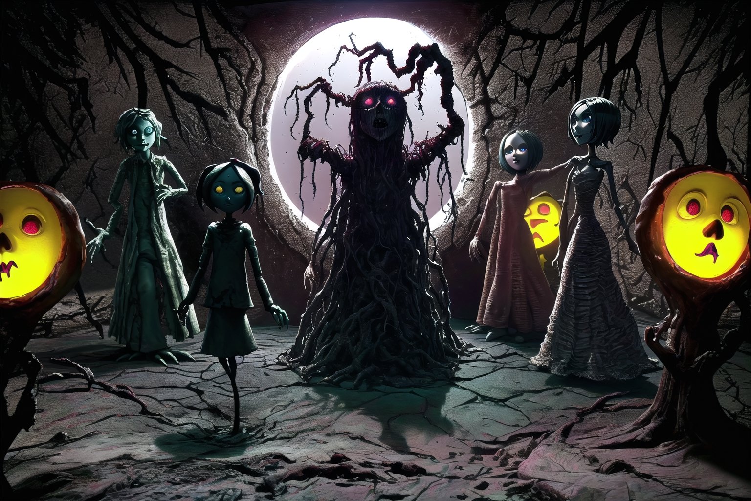 (masterpiece, high resolution, claymation:1.2), (stop motion:1.1), (dark and creepy atmosphere:1.2), (Coraline-inspired:1.1), (horror theme:1.2), (fantastic lighting:1.2), (detailed set design:1.1), (spooky characters:1.2), (haunting shadows:1.1), (sinister dolls:1.2), (twisted narrative:1.1), sharp focus, (deep depth of field:1.4), (tilt shift:1.1), dramatic, (cinematic:1.2),RING