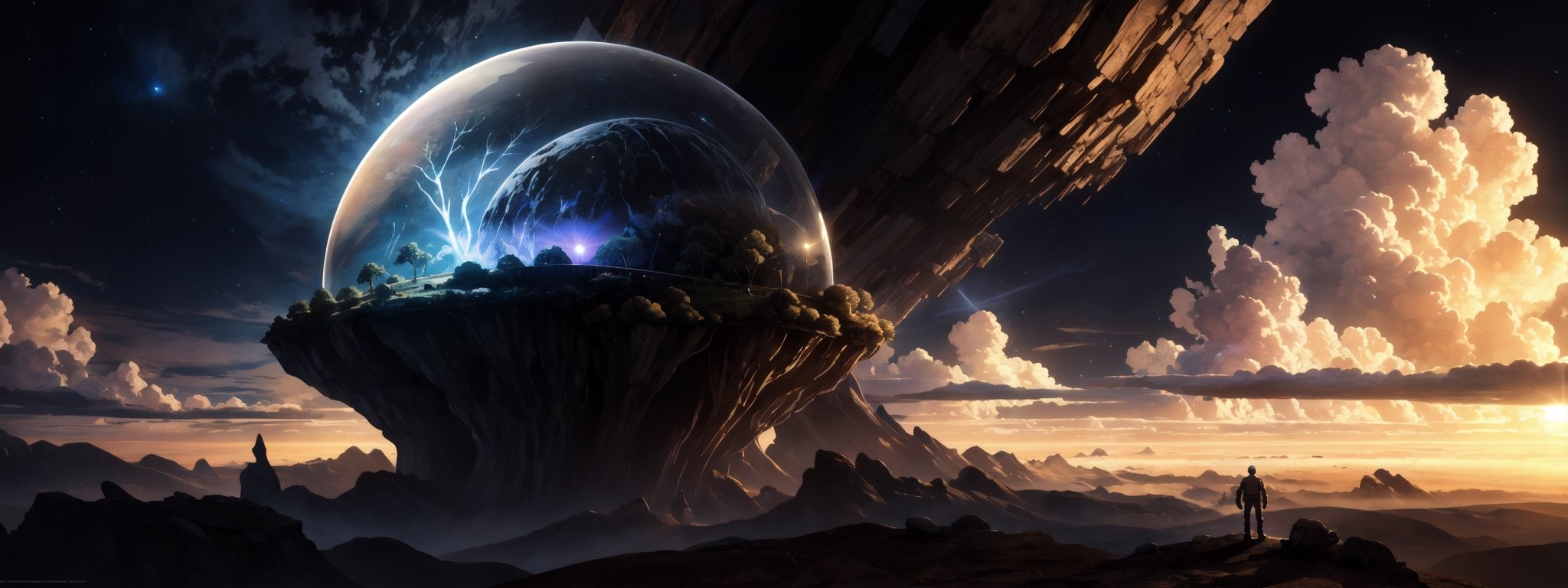 (Masterpiece, Best Quality), highres, (8k resolution wallpaper), ultra-detailed wallpaper, panoramic view, unique, otherworldly, digital illustration, trending on artstation, futuristic, official, original, floating island above the clouds, (cinematic lighting:1.1), sunrise, gradient sky, horizon, (deep depth of field), ancient arcihtecture, alien planet, nostalgic, (ambient lighting), finely crafted detailed, (glass, glass architecture, transparent:1.1), fantastic rendition of a fantasy setting, nature, cloud, intricate design, perfect composition, insanely detailed,  light fluorescence, hyoer-detailed octane render, atmosphere, (concept art)