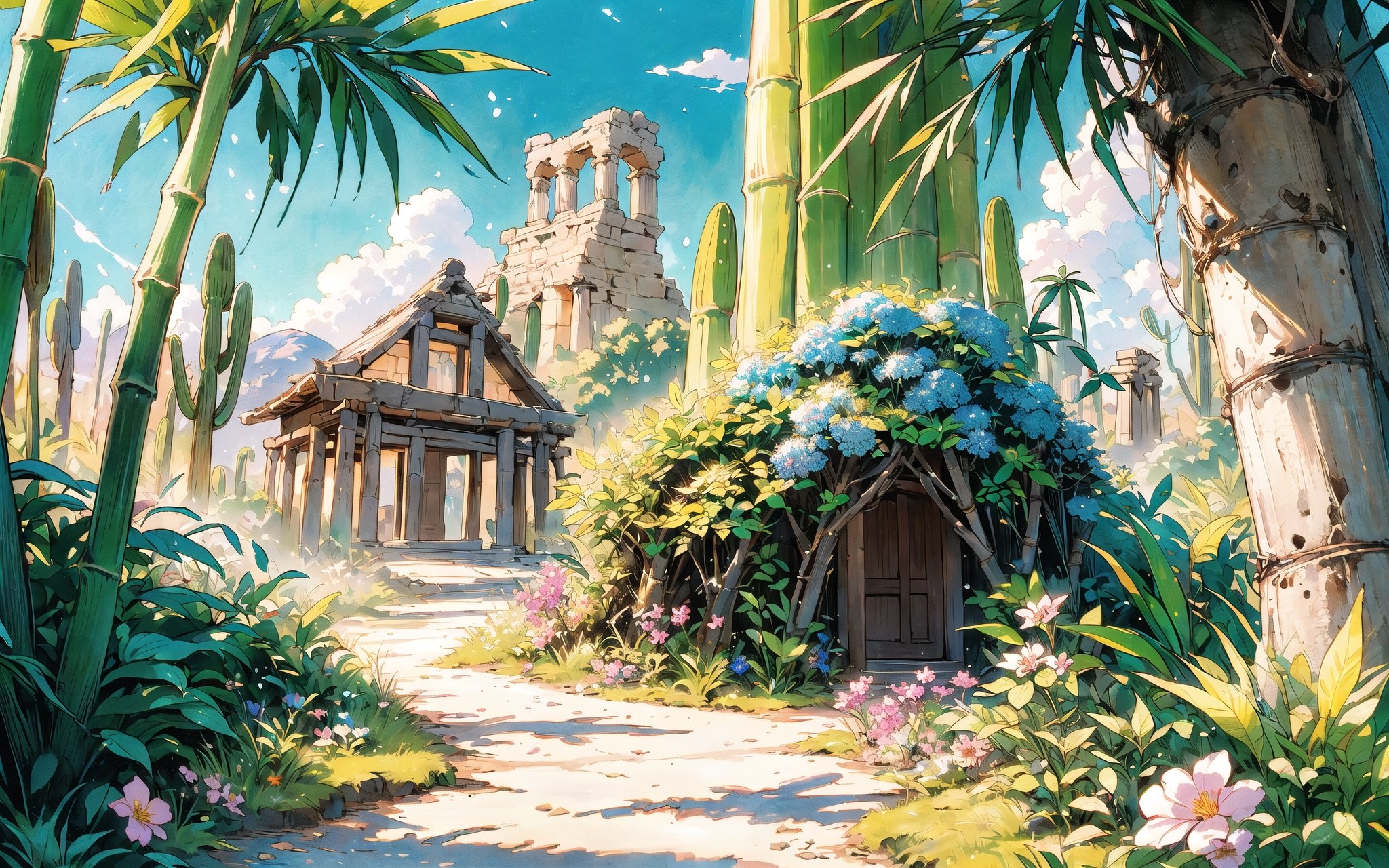 (Masterpiece, Best Quality:1.3), insaneres, 8k, highly detailed, top quality, ultra-detailed, 2d, (faux traditional media:1.3), manga, digital illustration, fantasy, thick lineart, outline, flower, (desert:1.3), gorgeous view, bamboo forest, zen, (paradise), greek, shimmer, overgrowth, blue sky, (cloud), volumetric lighting, fairytale, wonder, dreamy, outdoors, nature, greek architecture, (extremely detailed background:1.2), 85mm, hyperrealistic, film grain, colorful, ancient ruins, (shadow), blurry foreground, (intricate details), mystical, (natural lighting:1.1), cozy, bloom, (deep depth of field:1.3), (floating islands in the distrance)