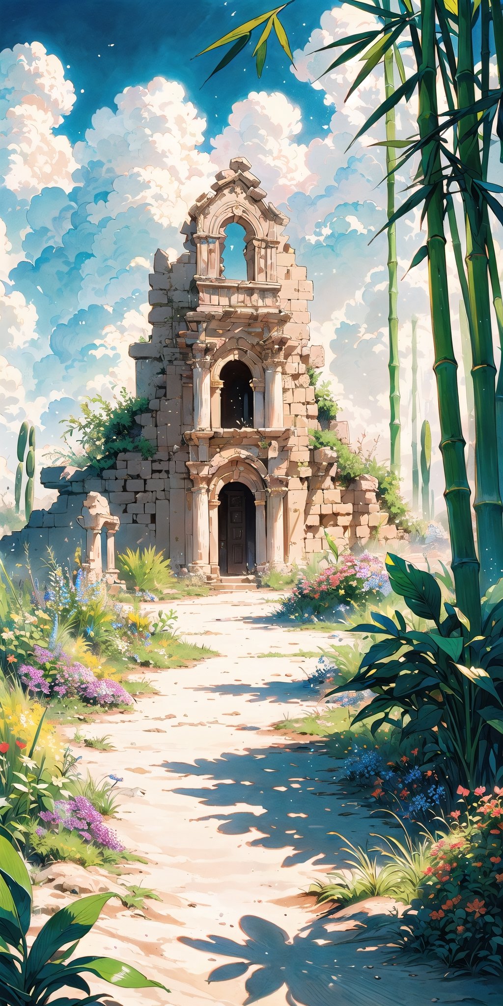 (Masterpiece, Best Quality:1.3), insaneres, 8k, highly detailed, top quality, ultra-detailed, 2d, (faux traditional media:1.3), manga, digital illustration, fantasy, thick lineart, outline, flower, (desert:1.3), gorgeous view, bamboo forest, zen, (paradise), greek, shimmer, overgrowth, blue sky, (cloud), volumetric lighting, fairytale, wonder, dreamy, outdoors, nature, greek architecture, (extremely detailed background:1.2), 85mm, hyperrealistic, film grain, colorful, ancient ruins, (shadow), blurry foreground, (intricate details), mystical, (natural lighting:1.1), cozy, bloom, (deep depth of field:1.3), (floating islands in the distrance)