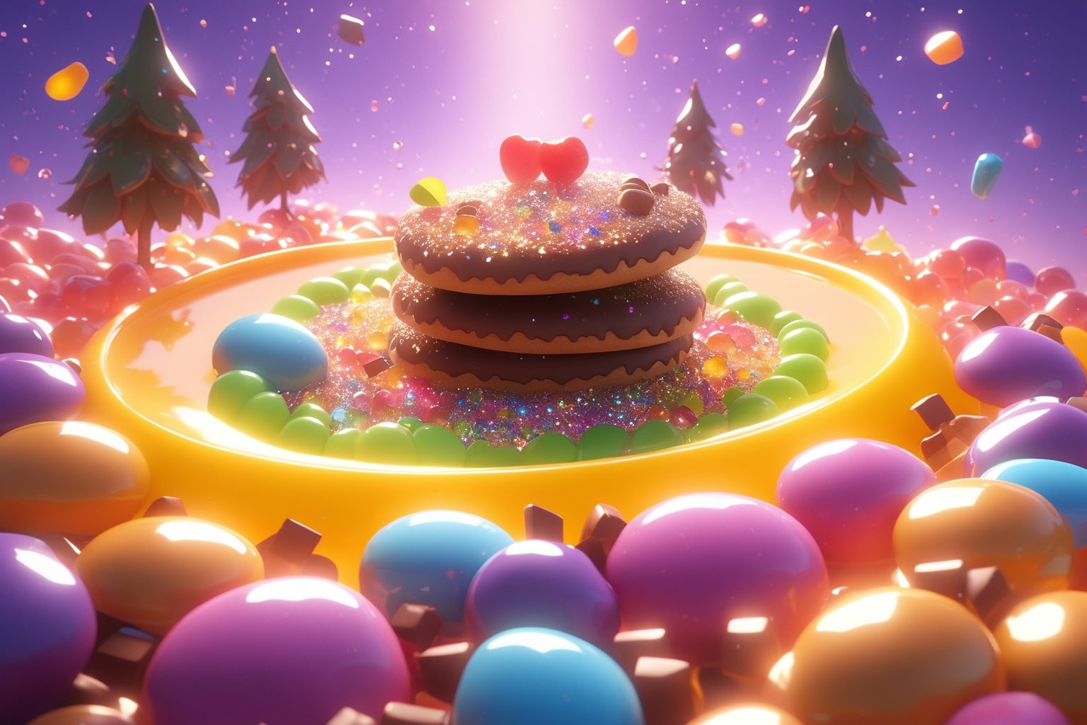 (Masterpiece), (best quality), top quality, fairytale, fantasy, sweet, candy, hyperrealistic, in the style of pixar, 3d, cg unity wallpaper, 8k,  magic, playful, drizzle, syrup, delicious, cookie, cinematic,  shimmer, glitter, scenery, striped, smooth edges, water, gradient, particles, shiny, small details, grass, see-through, transparent, colorful, fruit, chocolate, ,beautiful, sunlight,  volumetric lighting, multicolored theme,  (gradients), atmospheric, top lighting, muted colors, soothing tones, intricate details, dynamic, animated,  breathtaking, magical, tree, (deep depth of field:1.1), extremely detailed background, 850mm, digital illustration, more detail XL, glitter,sweetscape,full background,glitter,shiny