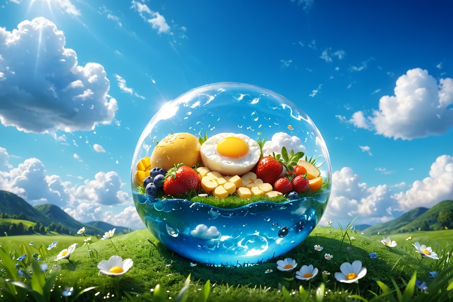 (masterpiece, best quality), digital illustration, volumetric lighting, outdoors, food, sky, day, cloud,  blue sky, no humans, depth of field, grass, food focus,sweetscape,full background,more detail XL,madgod,stop motion, peaceful, serene, global lumen illumination,glass shiny style