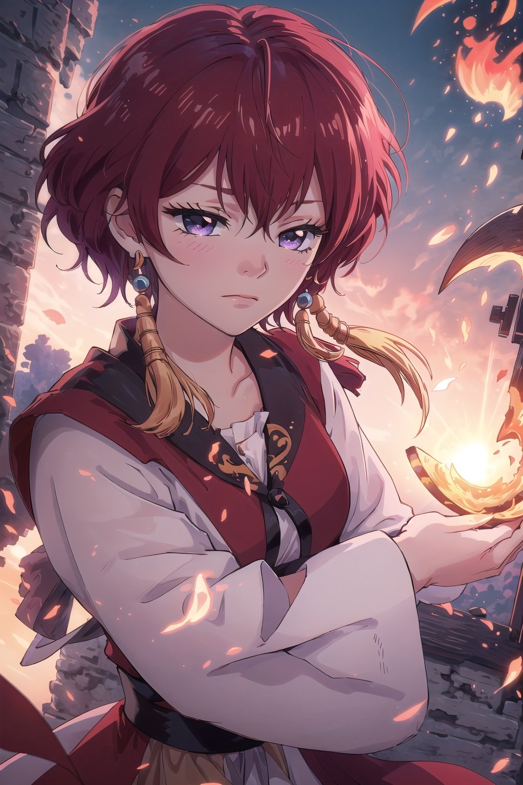 (masterpiece, best quality:1.3), insaneres, top quality, 8k, highly detailed, ultra-detailed. cowboy shot, yona1, detailed face, perfect face, detailed eyes, red hair, purple eyes, tearing up, half-closed eyes, sad, closed mouth, (tanlin ruqun, banbi, tassel earrings:1.1), surrounded by flames and nature, beautiful, sharp focus, gorgeous, perfect composition, bloom, sky, embers, golden hour, sunrise, scenery, (extremely detailed background), intricate details, dynamic, dynamic pose, 1 girl, (volumetric lighting:1.1), best shadow