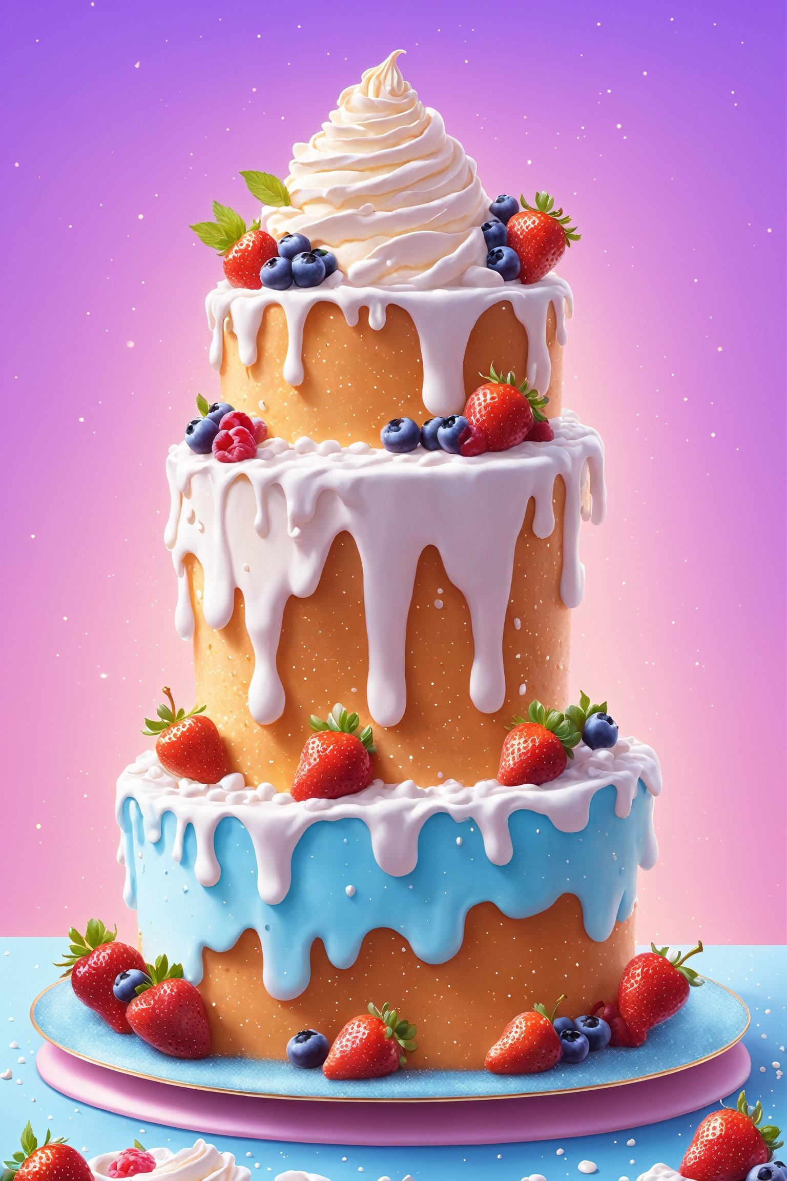 (Masterpiece, best quality:1.3), highly detailed, fantasy, 8k, sweetscape, dynamic, cinematic, ultra-detailed, sweets, fantasy, gorgeous, digital illustration, beautiful composition, intricate details, highly detailed, volumetric lighting, ice cream, whipped cream, sugar, dramatic lighting, beautiful, dripping, sparkle, glitter, (glowing), glowing cake, (see-through, transparent), scenery, (no humans), shimmer, drizzle, beautiful, (shiny:1.2), various colors, bloom:0.4, extremely detailed, gradients),more detail XL,sweetscape